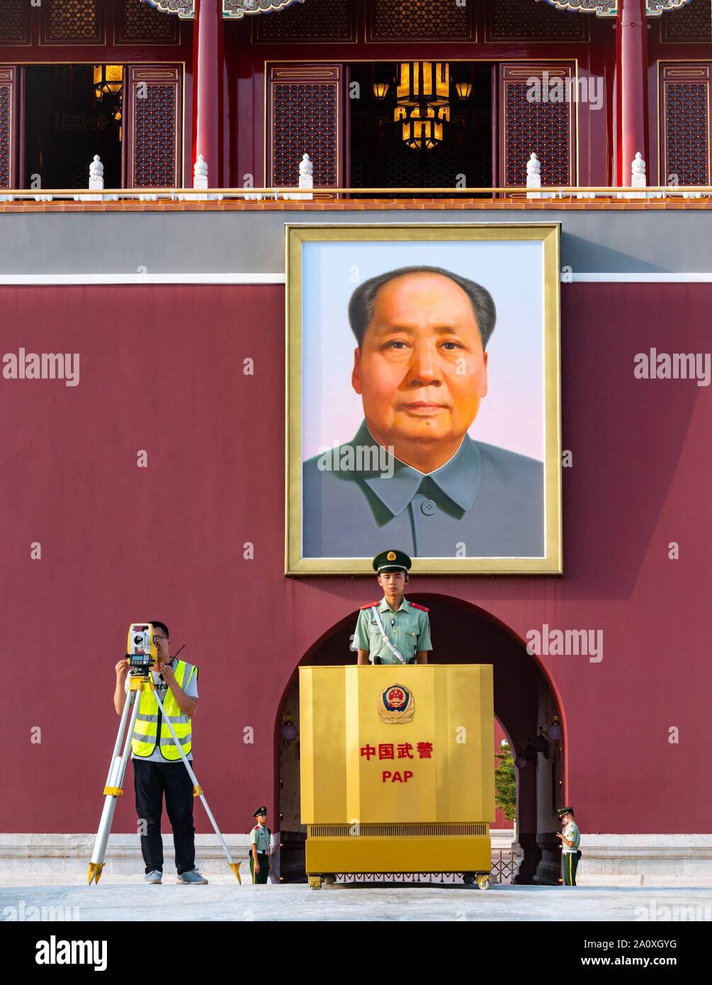 People’s Republic of China 70th anniversary preparations on October 1st 2019, Tiananmen Square, Beijing with soldier guarding Forbidden City gate Stock Photo