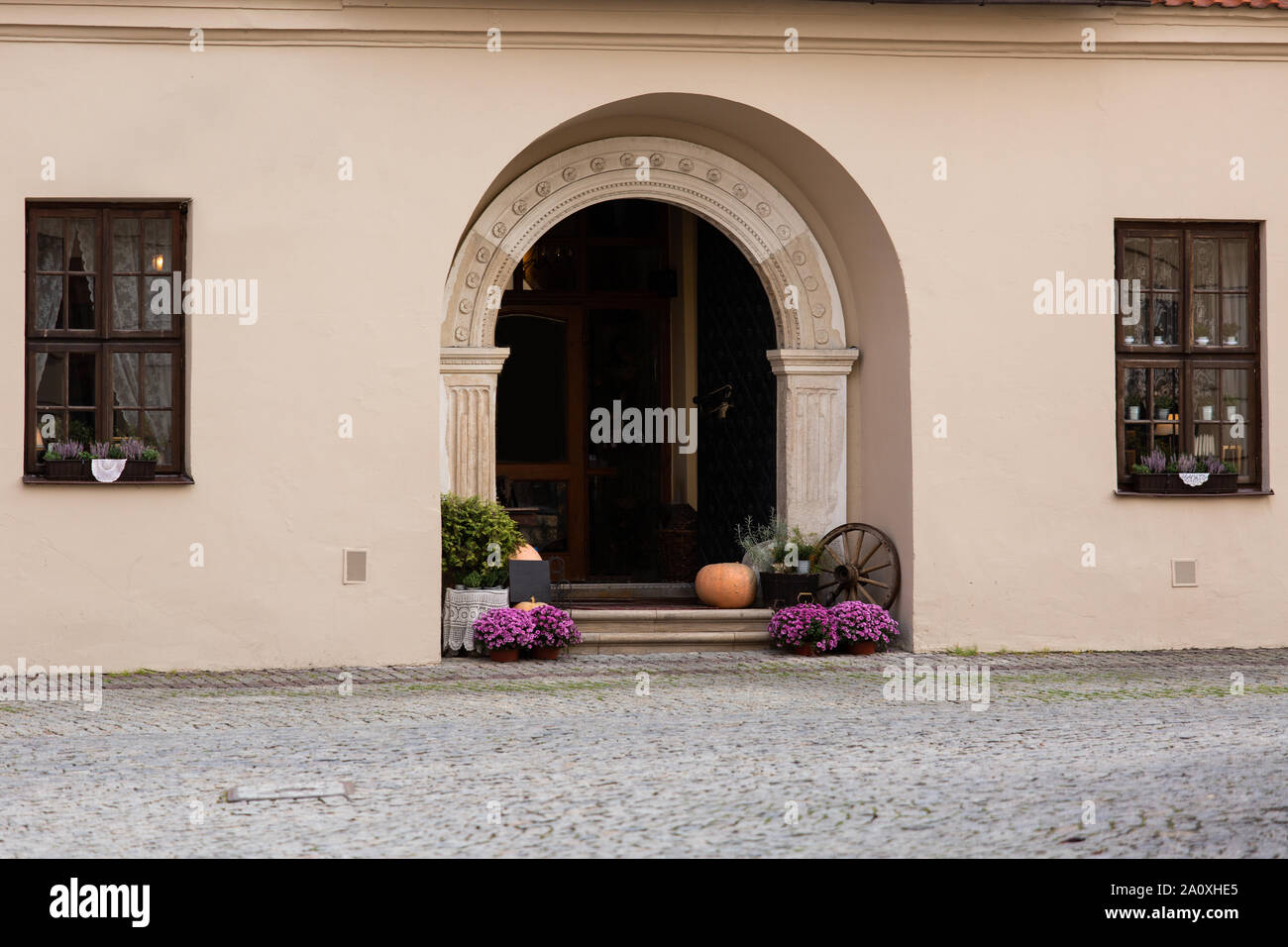 Autumn decoration with pumpkins on the street of a European city Stock Photo