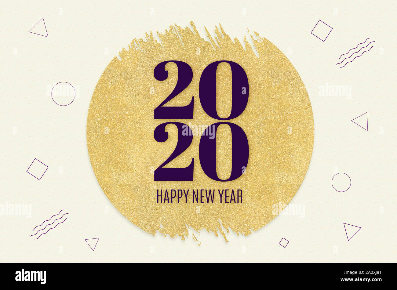 Happy new year 2020 word on gold circle glitter on cream modern geometric shape patternbackground,minimal Holiday greeting card. Stock Photo