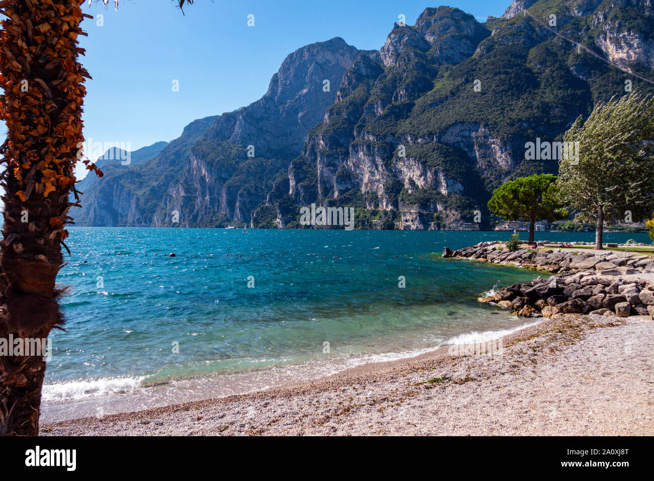 Beach with trees and waves, Riva del Garda, Trentino, Alto Adige, Northern Italy Stock Photo