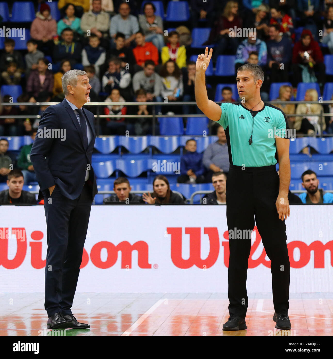 KYIV, UKRAINE - SEPTEMBER 20, 2019: Basketball referee in action during the FIBA Basketball Champions League Qualifiers game BC Kyiv Basket v Kapfenberg Bulls at Palace of Sports in Kyiv Stock Photo