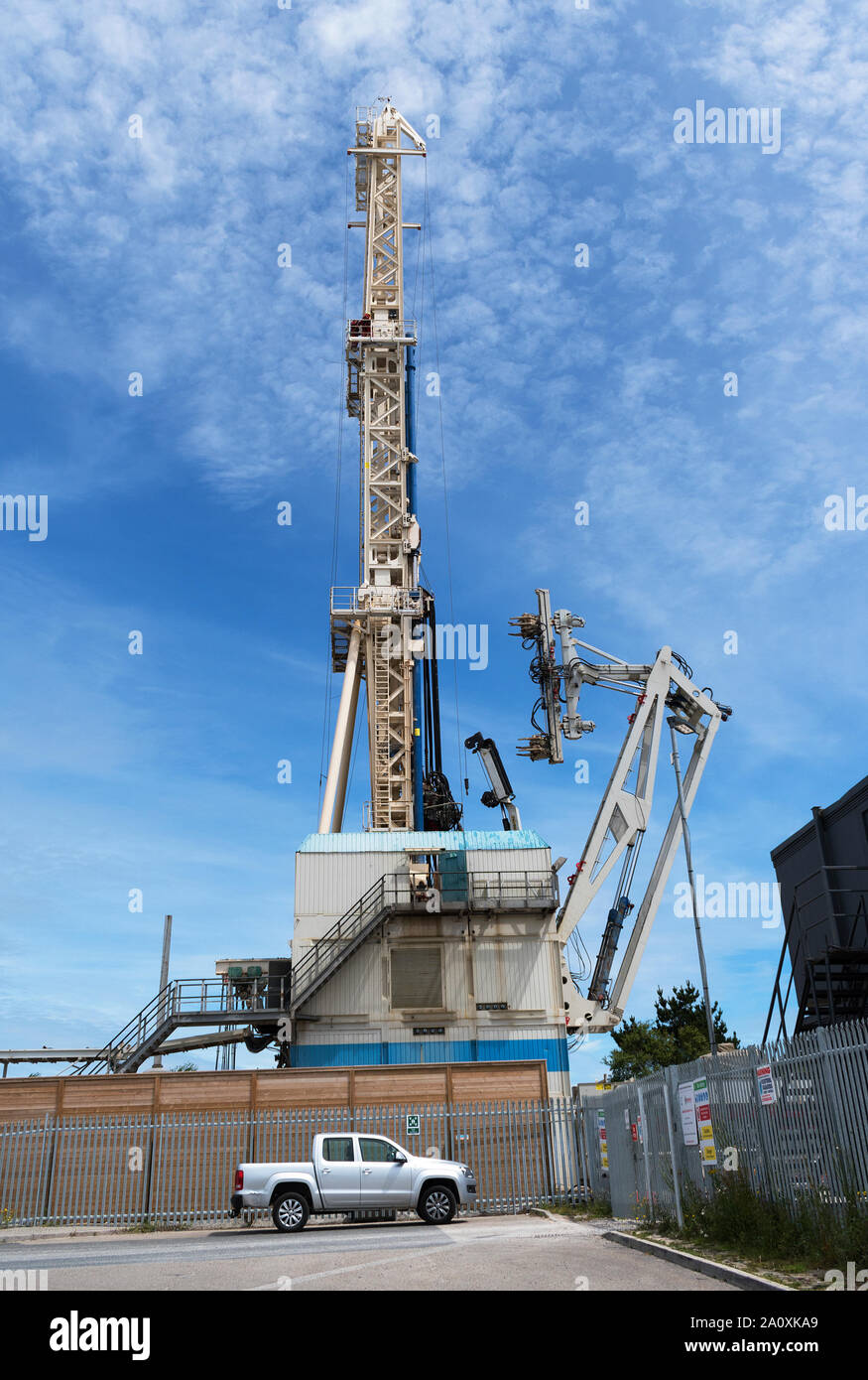 drilling rig at united downs deep geothermal power project, redruth, cornwall, england, britain, uk. Stock Photo