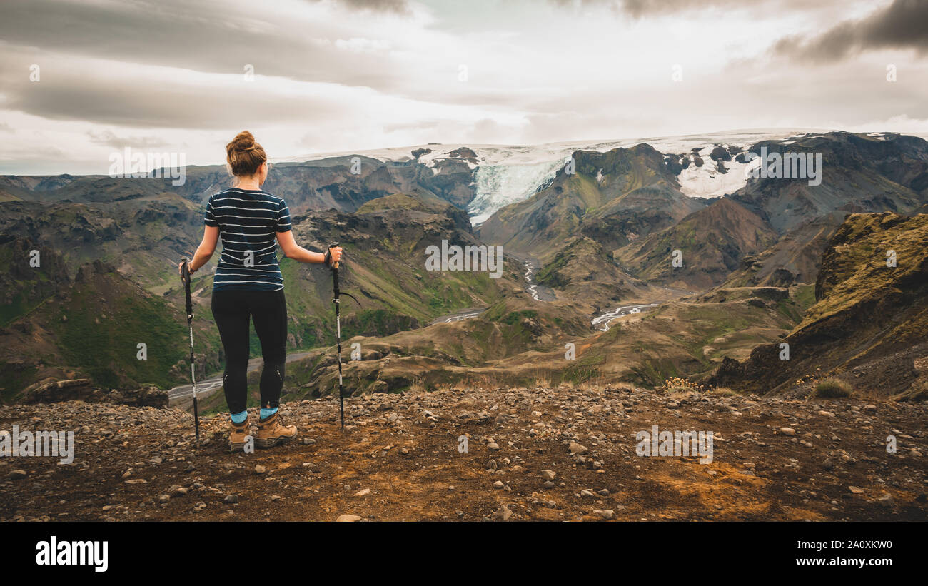 Hiker woman watching glacial view on laugavegur trail, Iceland Stock Photo