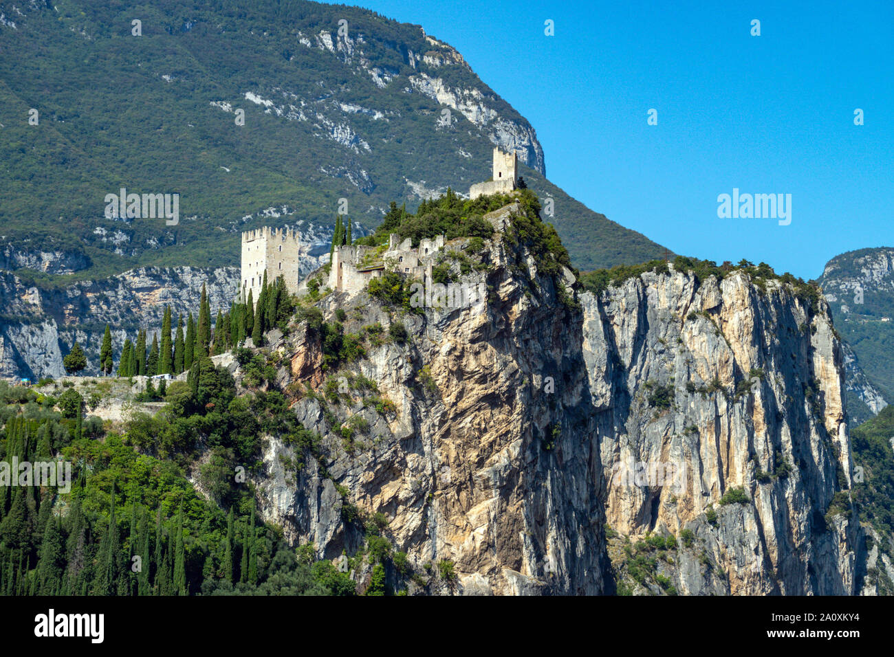 Old castle on rock, Arco, Riva del Garda, Trentino, Alto Adige, Northern Italy Stock Photo
