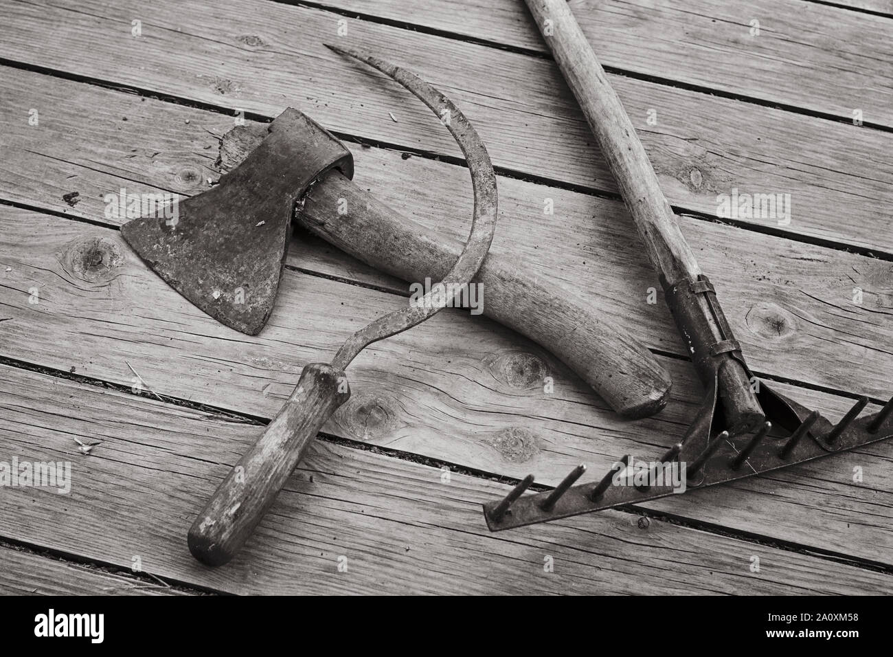 An ax, a sickle and a rake are the old hand tools, concept, black and white Stock Photo