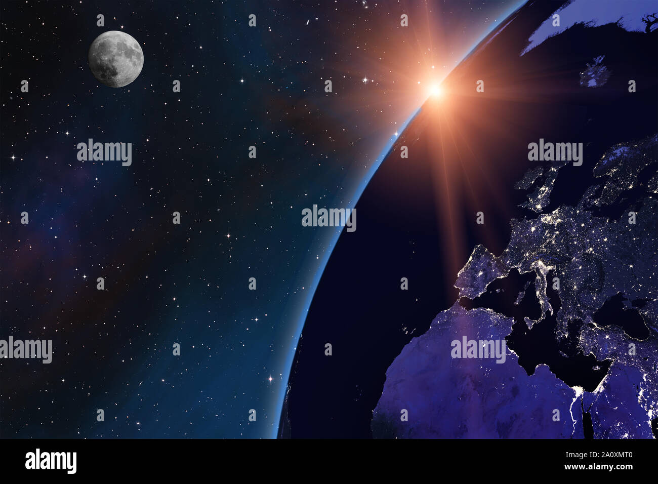 Planet Earth and Moon from space at night. European cities lights. Sunset scene sun beams. Some elements of this image furnished by NASA Stock Photo