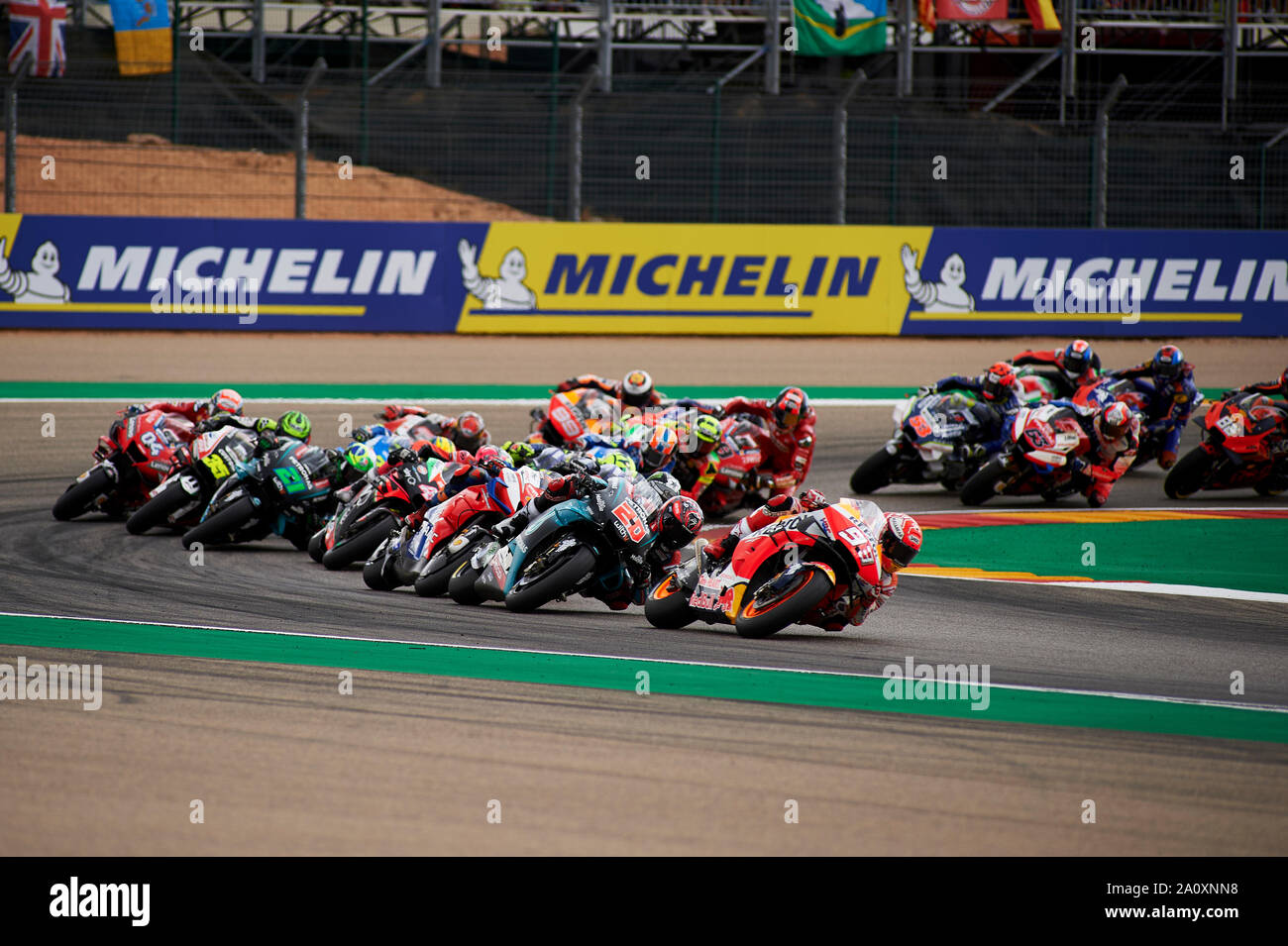 22nd September 2019; Ciudad del Motor de Aragon, Alcaniz, Spain; Aragon Motorcycle Grand Prix, Race Day; Marc Marquez of the Repsol Honda Team leads during the start of the race Stock Photo