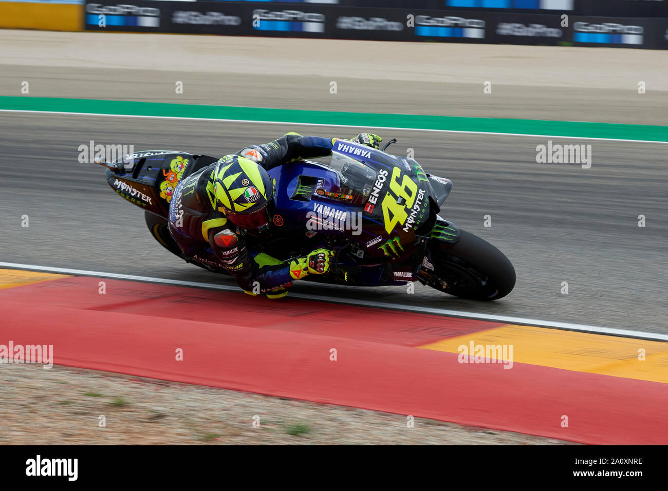 22nd September 2019; Ciudad del Motor de Aragon, Alcaniz, Spain; Aragon Motorcycle Grand Prix, Race Day; Valentino Rossi of the Monster Energy Yamaha Team rounds the bend Stock Photo