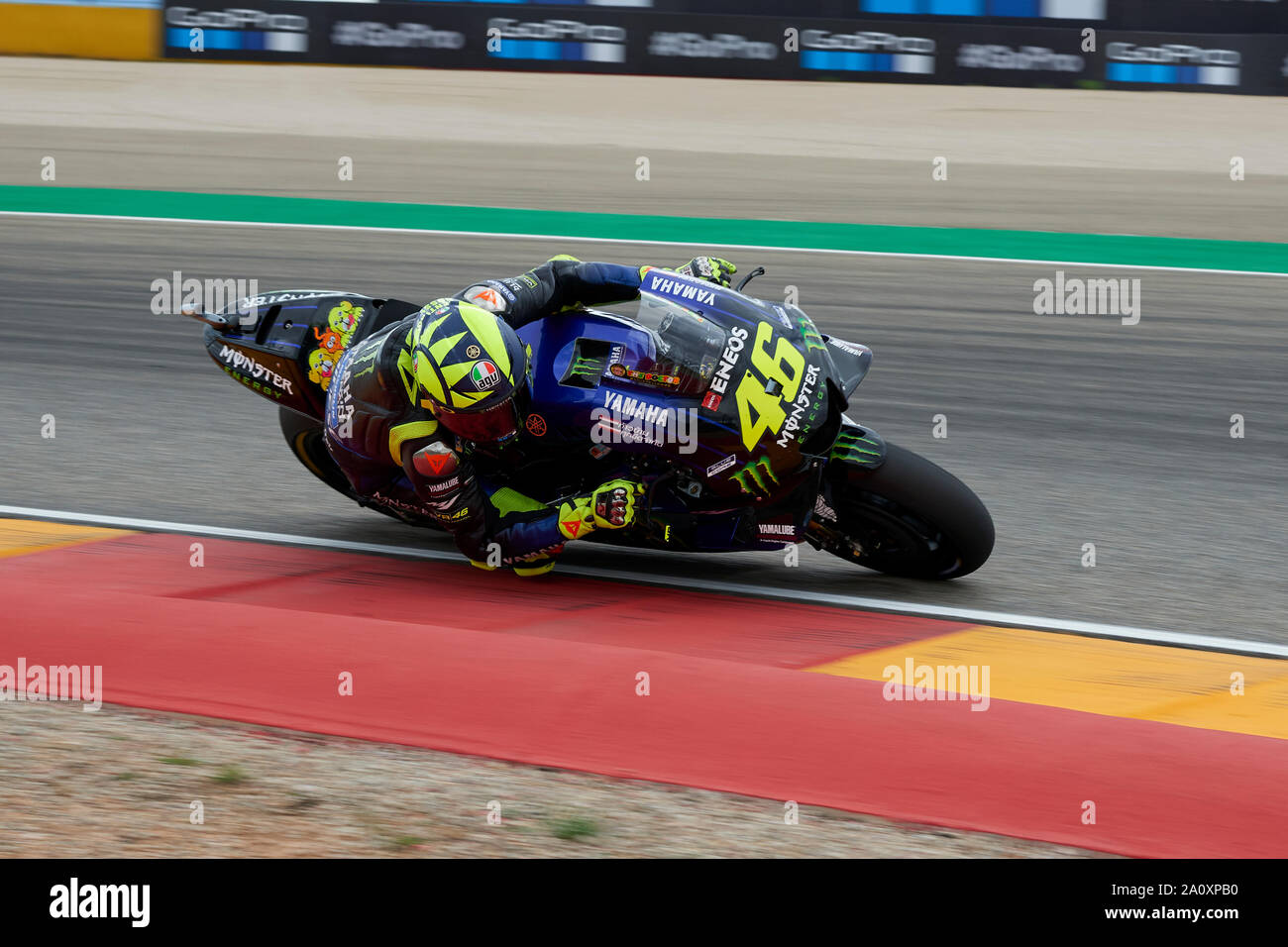 22nd September 2019; Ciudad del Motor de Aragon, Alcaniz, Spain; Aragon Motorcycle Grand Prix, Race Day; Valentino Rossi of the Monster Energy Yamaha Team rounds the bend during the Aragon GP Stock Photo