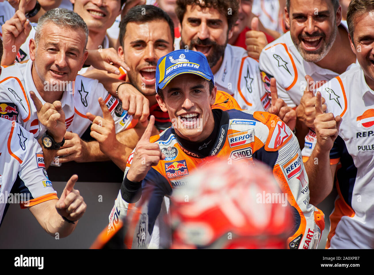 22nd September 2019; Ciudad del Motor de Aragon, Alcaniz, Spain; Aragon Motorcycle Grand Prix, Race Day; Marc Marquez and his team celebrate his victory at the end of the MotoGP race on the Motorland Circuit Stock Photo