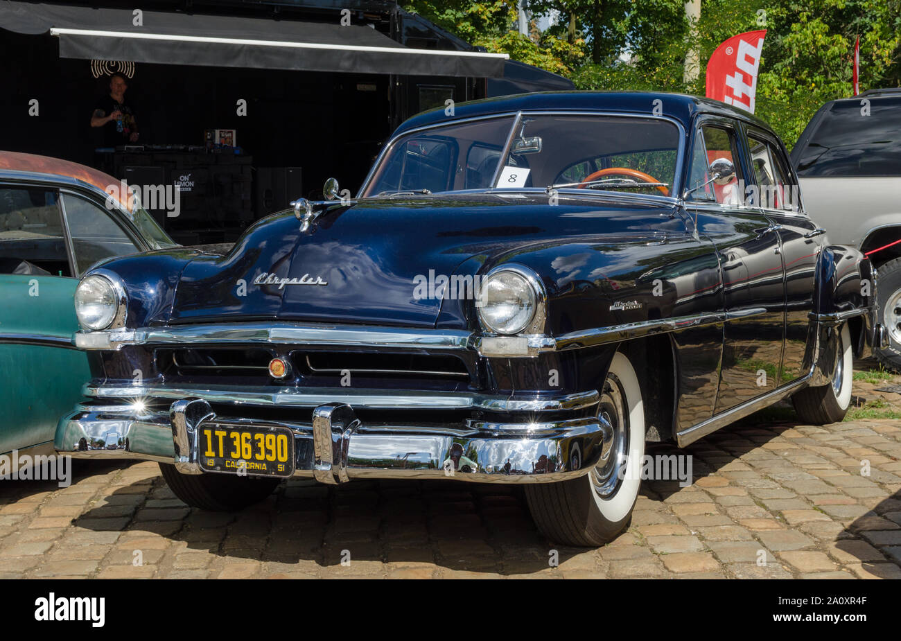 WROCLAW, POLAND - August 11, 2019: USA cars show, 1936 Buick Limited. Rusty car requiring renovation.1951 Chrysler Windsor DeLuxe Six-Passenger Sedan Stock Photo