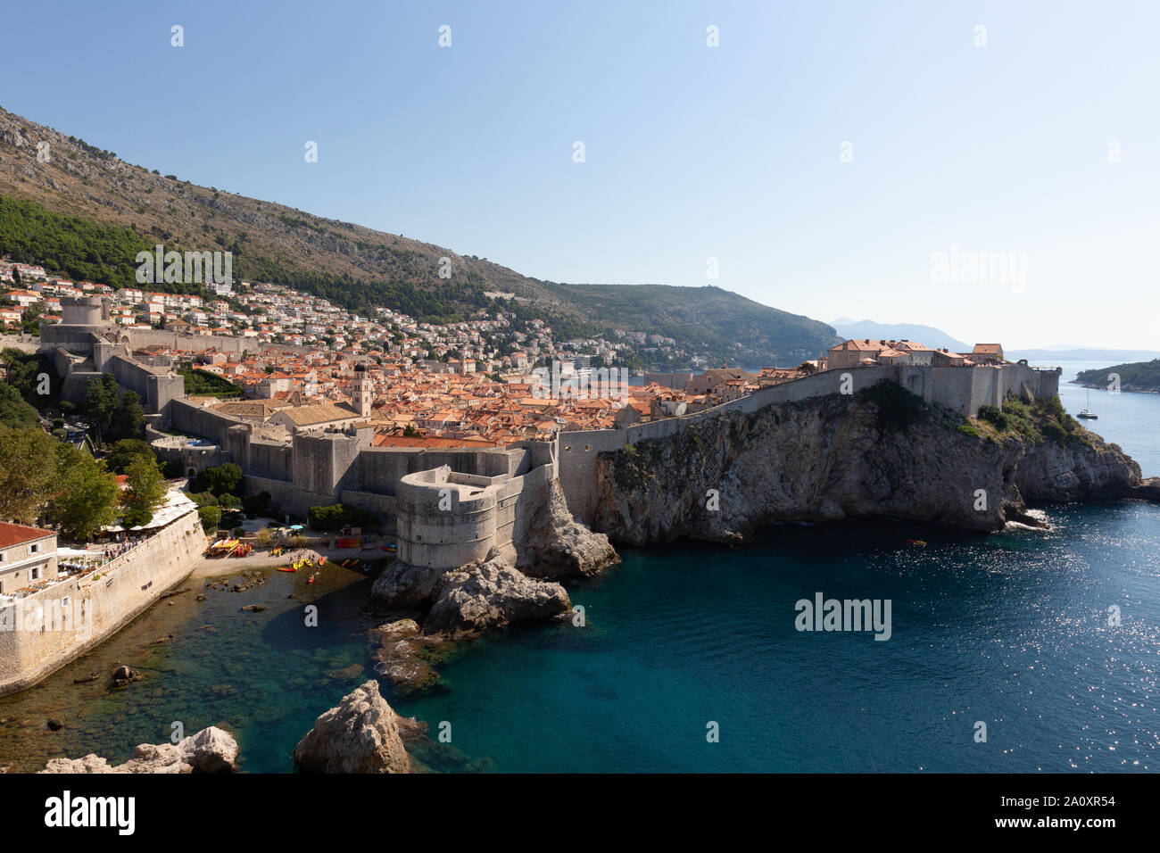 Dubrovnik city walls - a view of Dubrovnik old town and city wall, UNESCO World Heritage site, from Fort Lovrijenac; Dubrovnik Croatia Europe Stock Photo