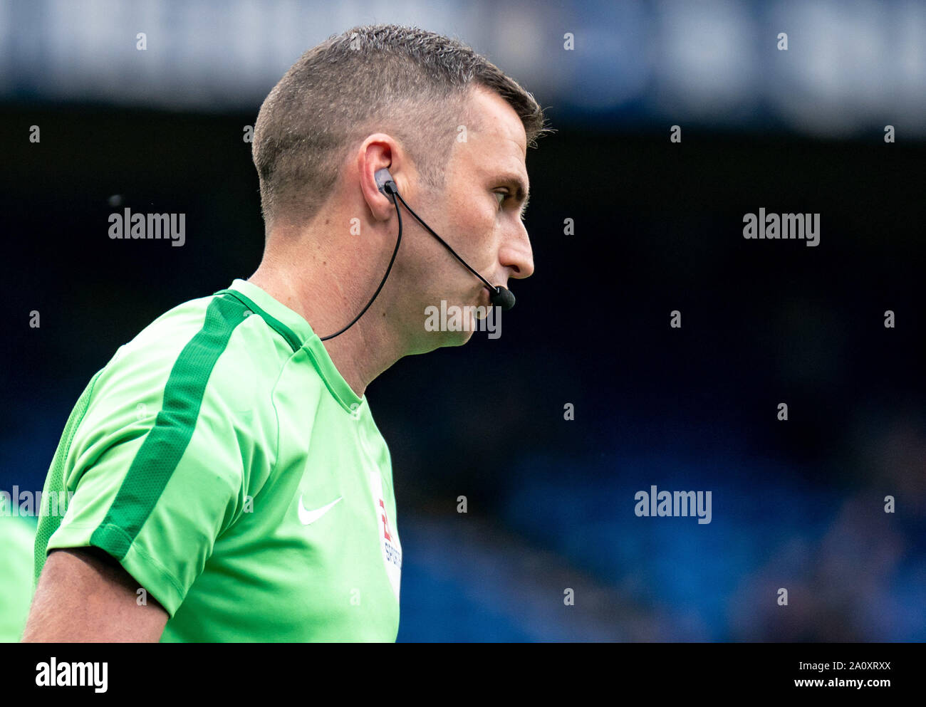 London, UK. 22nd Sep, 2019. Referee Michael Oliver during the Premier League match between Chelsea and Liverpool at Stamford Bridge, London, England on 22 September 2019. Photo by Liam McAvoy/PRiME Media Images. Editorial use only, licence required for commercial use. No use in Betting, games or a single club/league/player publication. Credit: PRiME Media Images/Alamy Live News Stock Photo