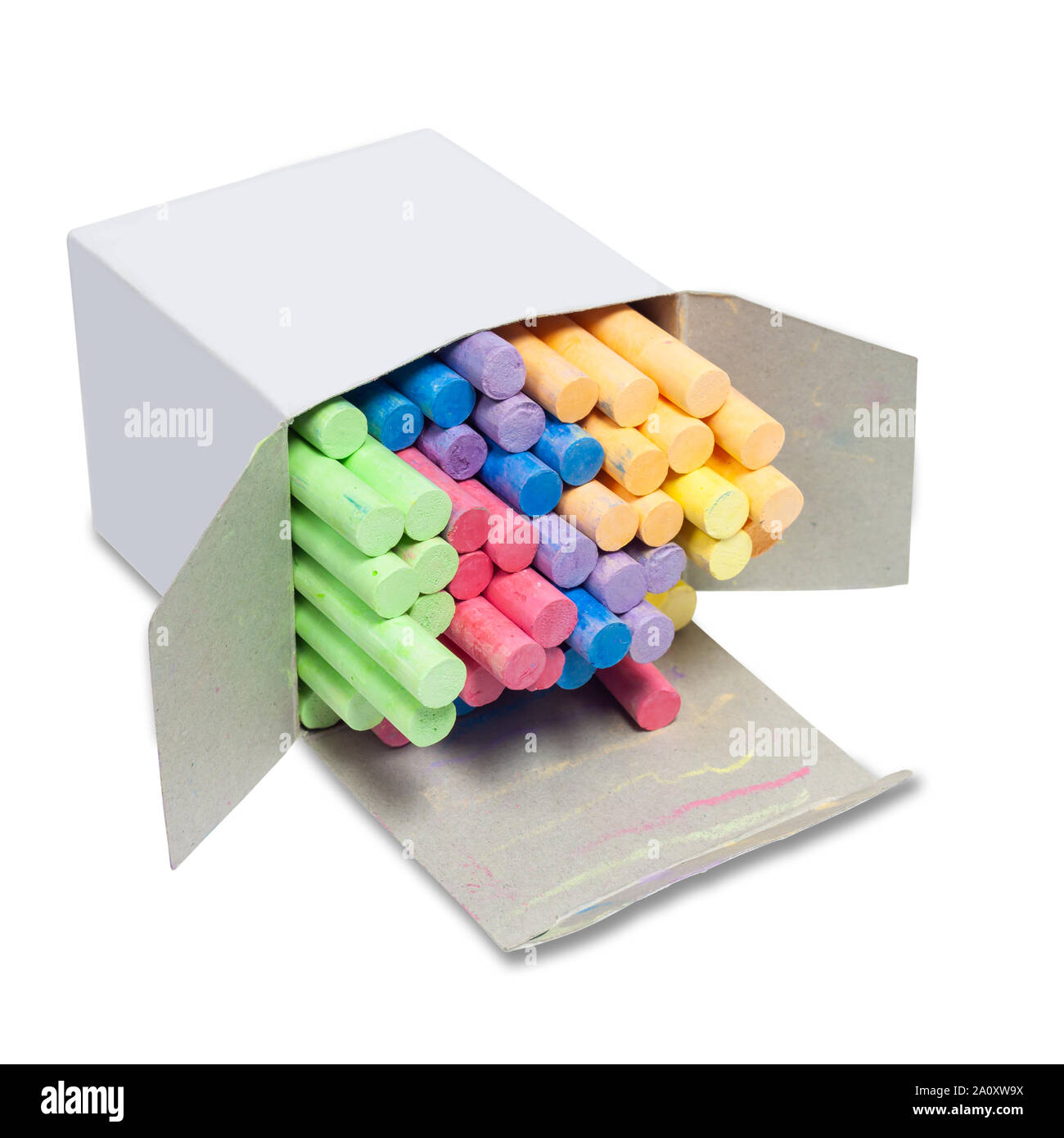 Colorful chalk stick in a white box isolated on white background with
