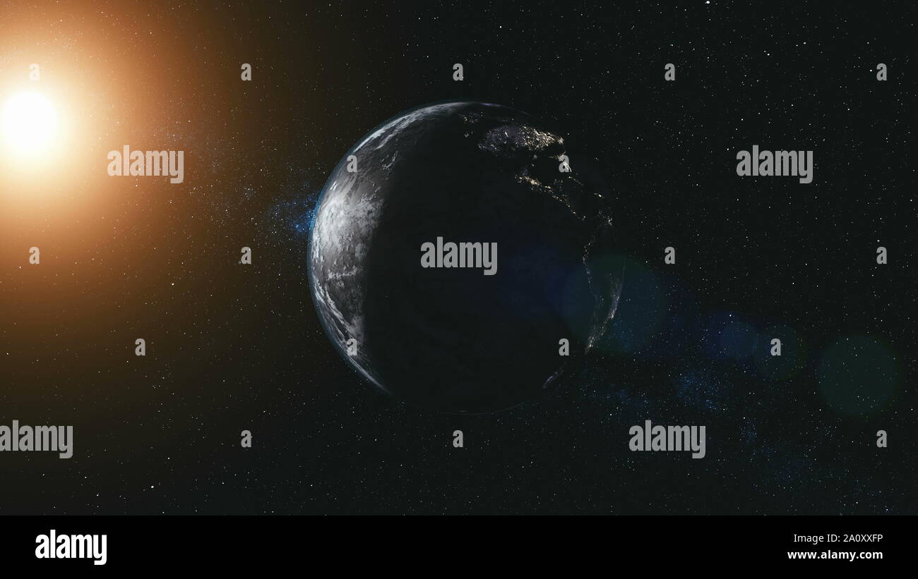 Rotate Planet Earth Zoom In Sun Beam Illuminate. Celestial Galaxy Constellation Cosmos Nebula Background Deep Open Space Travel Concept 3D Animation Stock Photo - Alamy Rotate Planet Earth Zoom In Sun Beam Illuminate. Celestial Galaxy Constellation Cosmos Nebula Background Deep Open Space Travel Concept 3D Animation Stock Photo - Alamy