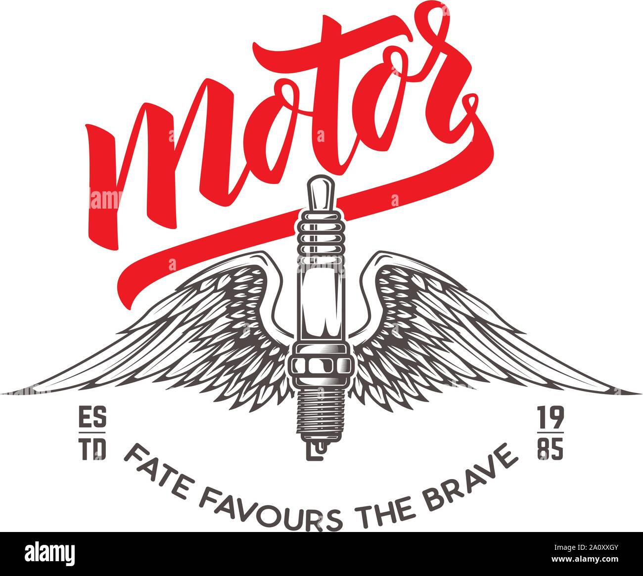 Motor speedway. Emblem template with winged electric spark plug. Design element for poster, logo, label, sign, badge. Vector illustration Stock Vector