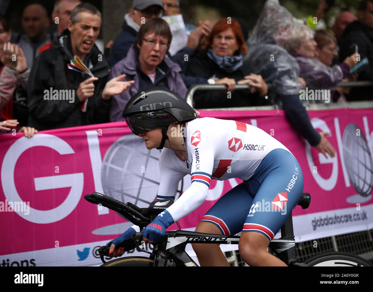 Great Britain's Anna Henderson at the start of the 2019 UCI World Road Championship Team Time Trial Mixed Relay through Harrogate. Stock Photo