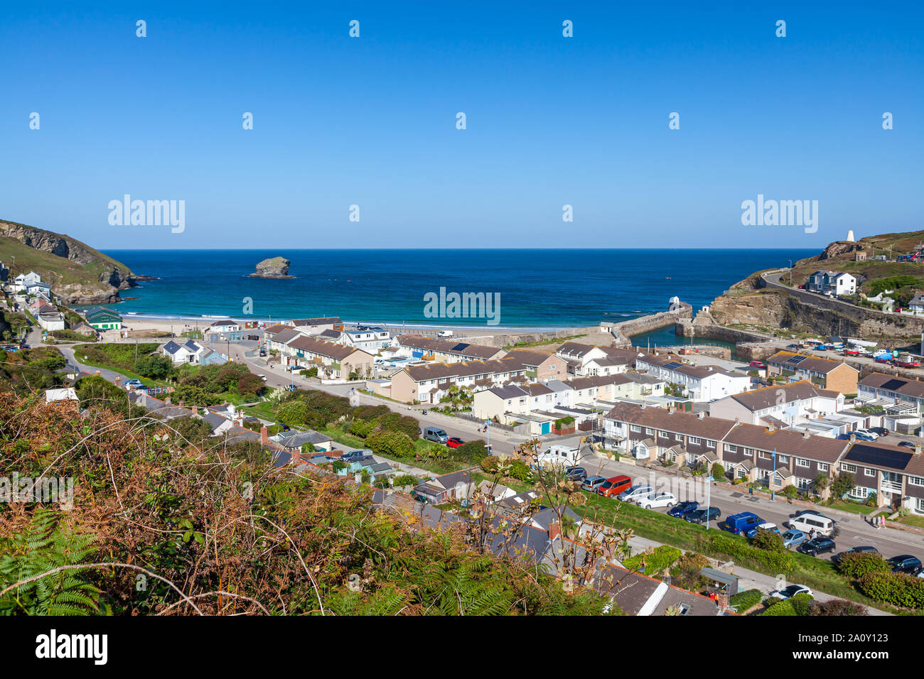 Overlooking the beach and village of Portreath from Tregea Hill. Cornwall England UK Europe Stock Photo