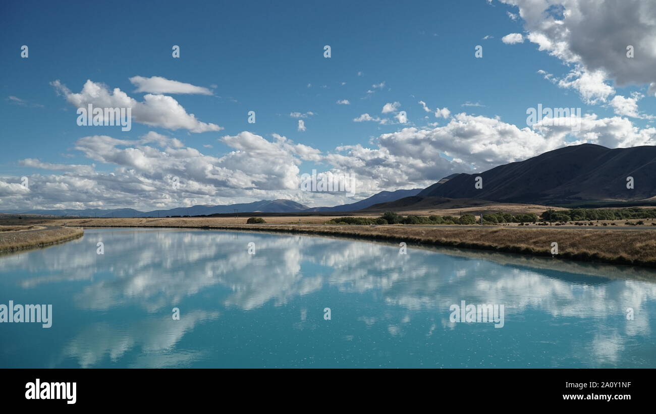 Extreme blue lake pukaki south island new zealand Stock Photo