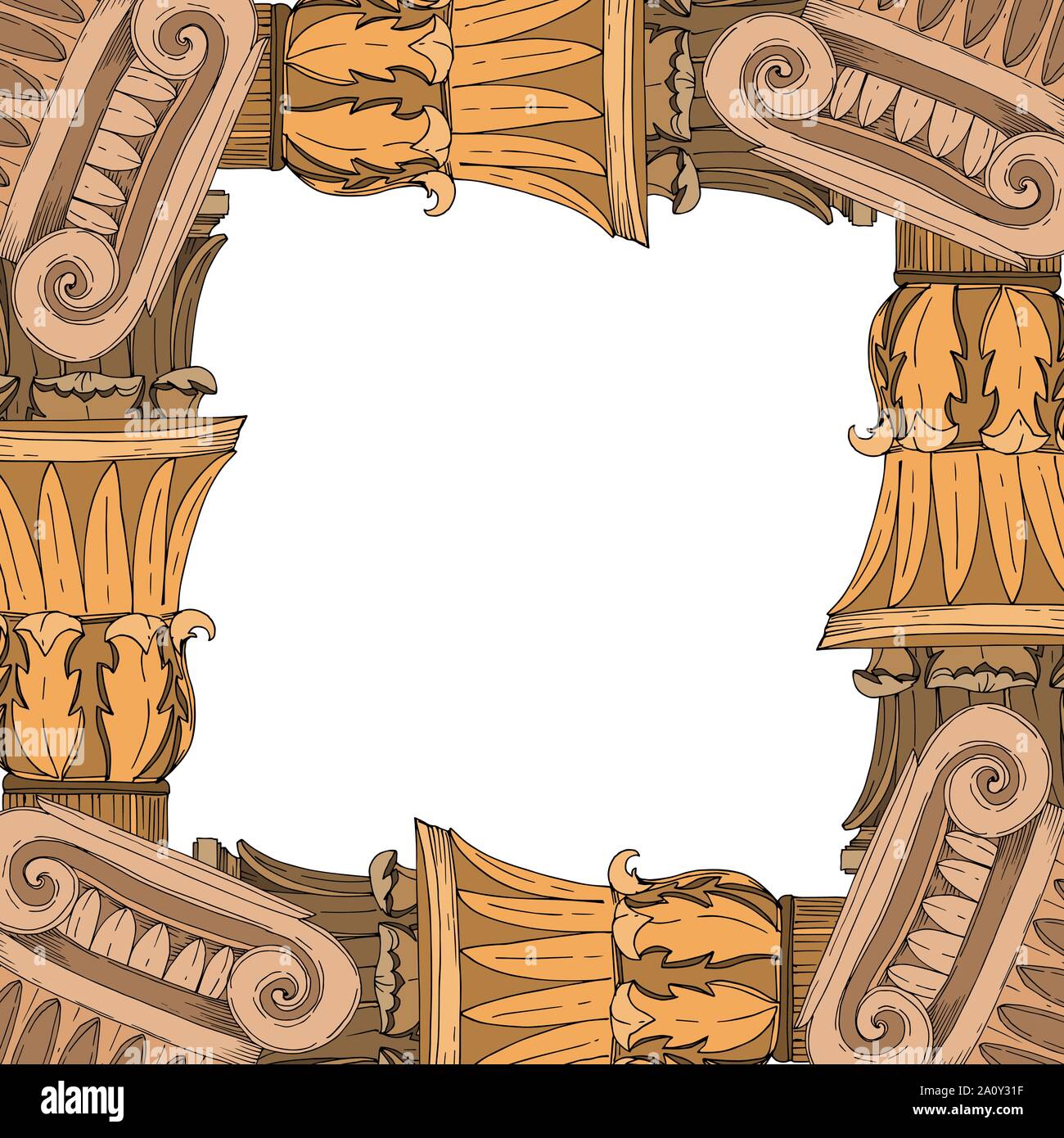 Vector Antique greek columns. Black and white engraved ink art. Frame