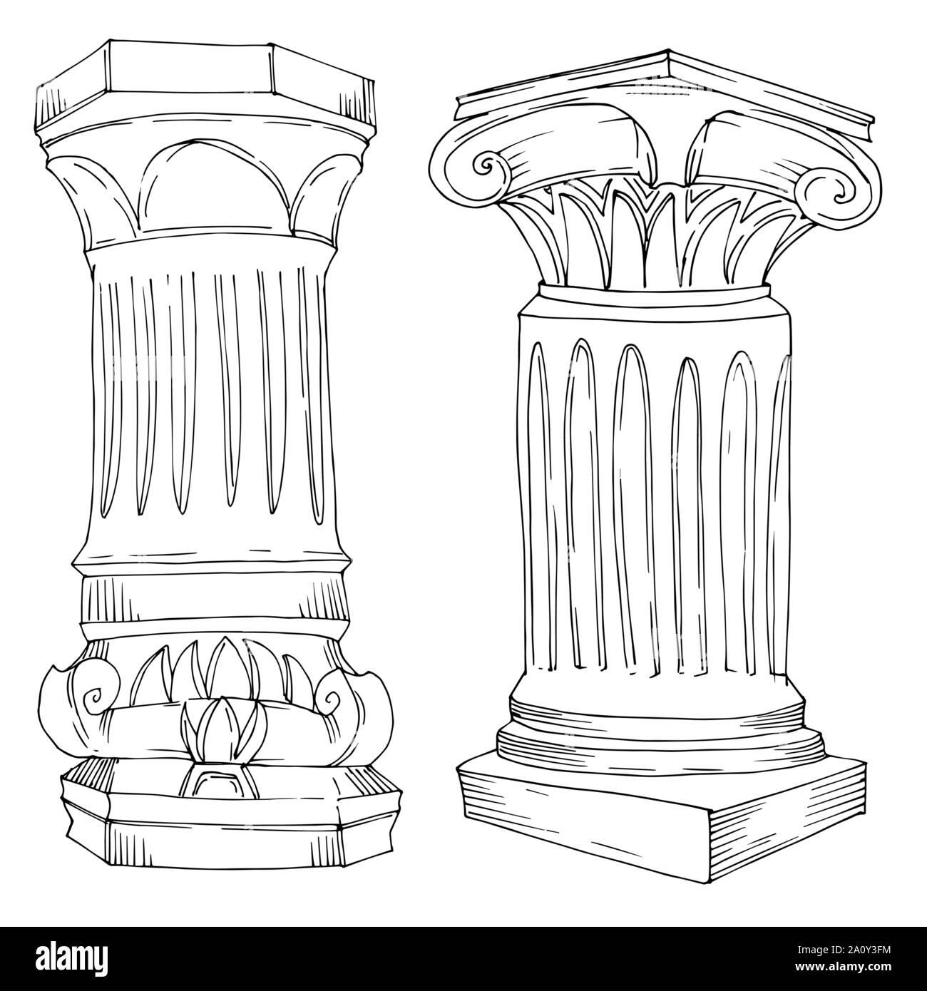 Vector Antique greek columns. Black and white engraved ink art ...