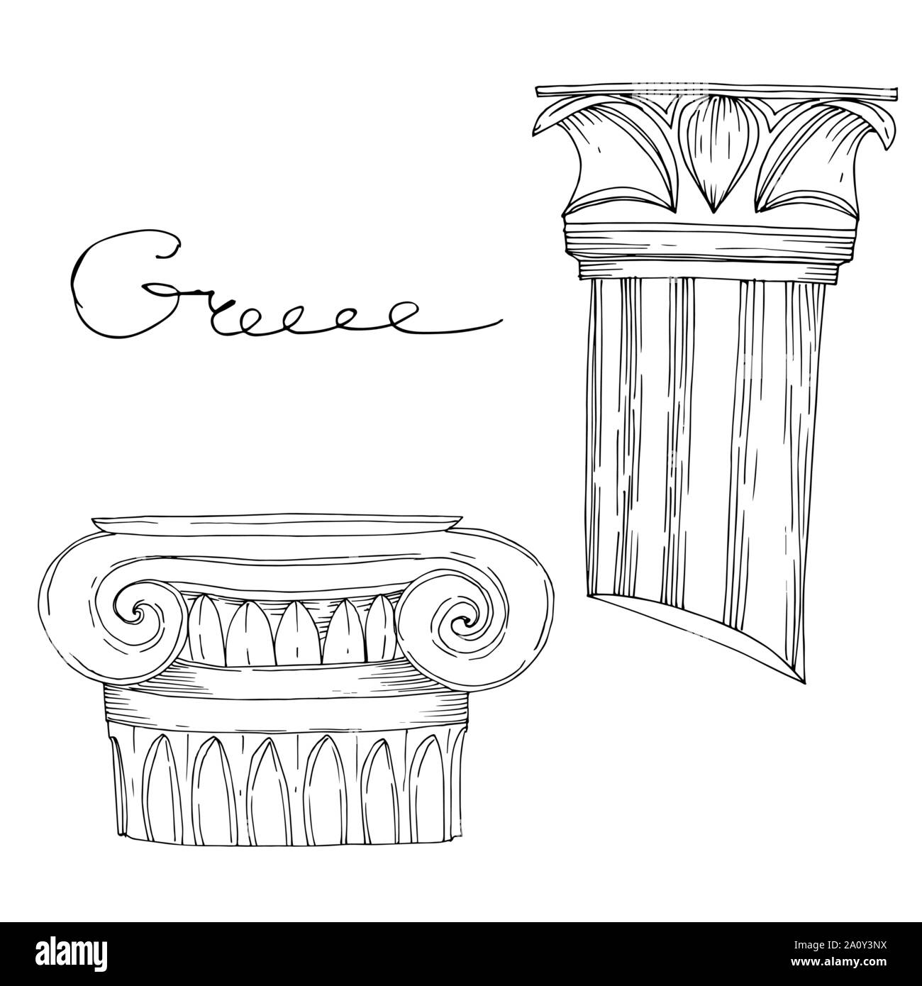 Vector Antique greek columns. Black and white engraved ink art
