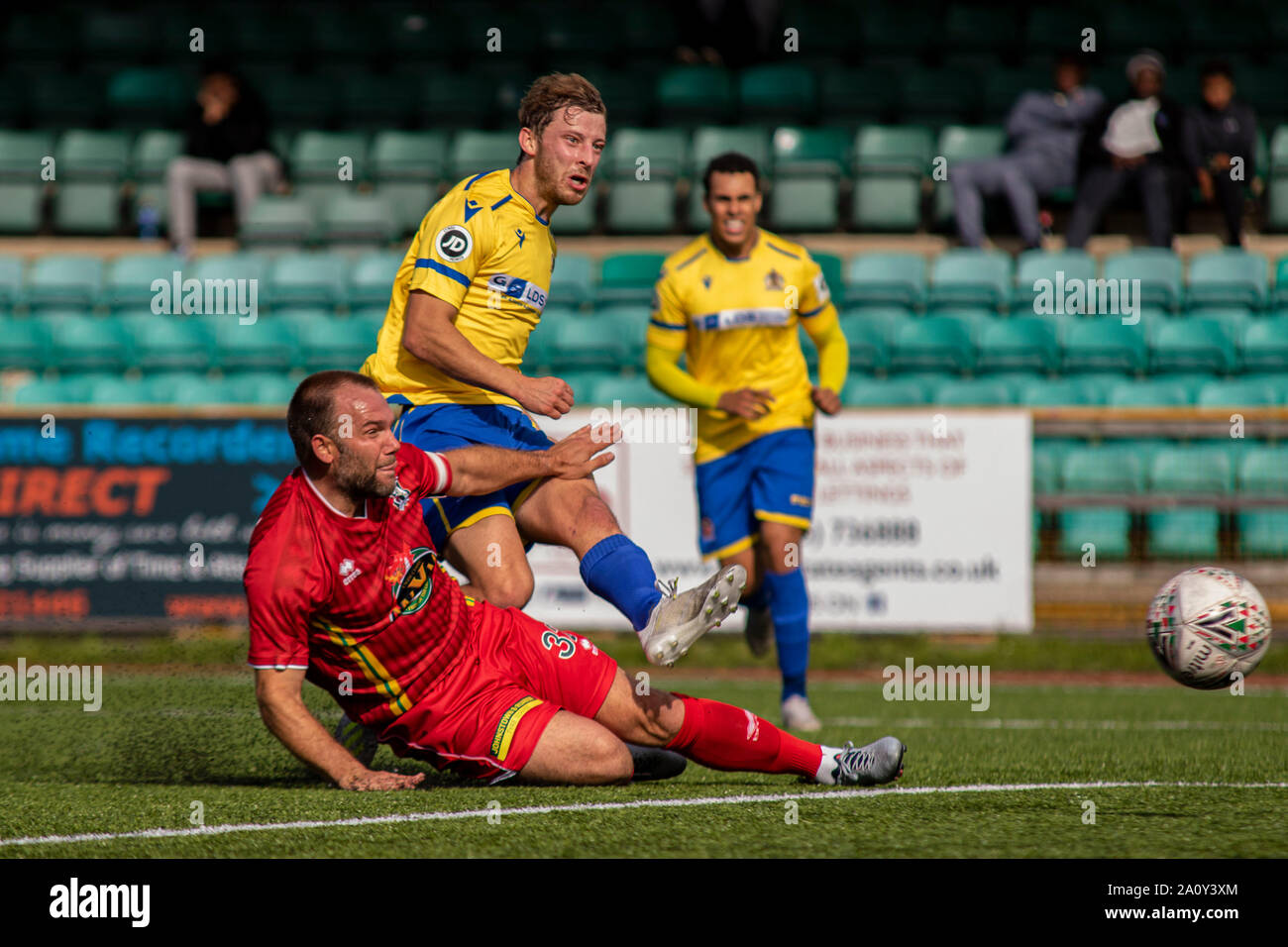 Chris Hugh of Barry Town scores his sides opening goal against Cefn