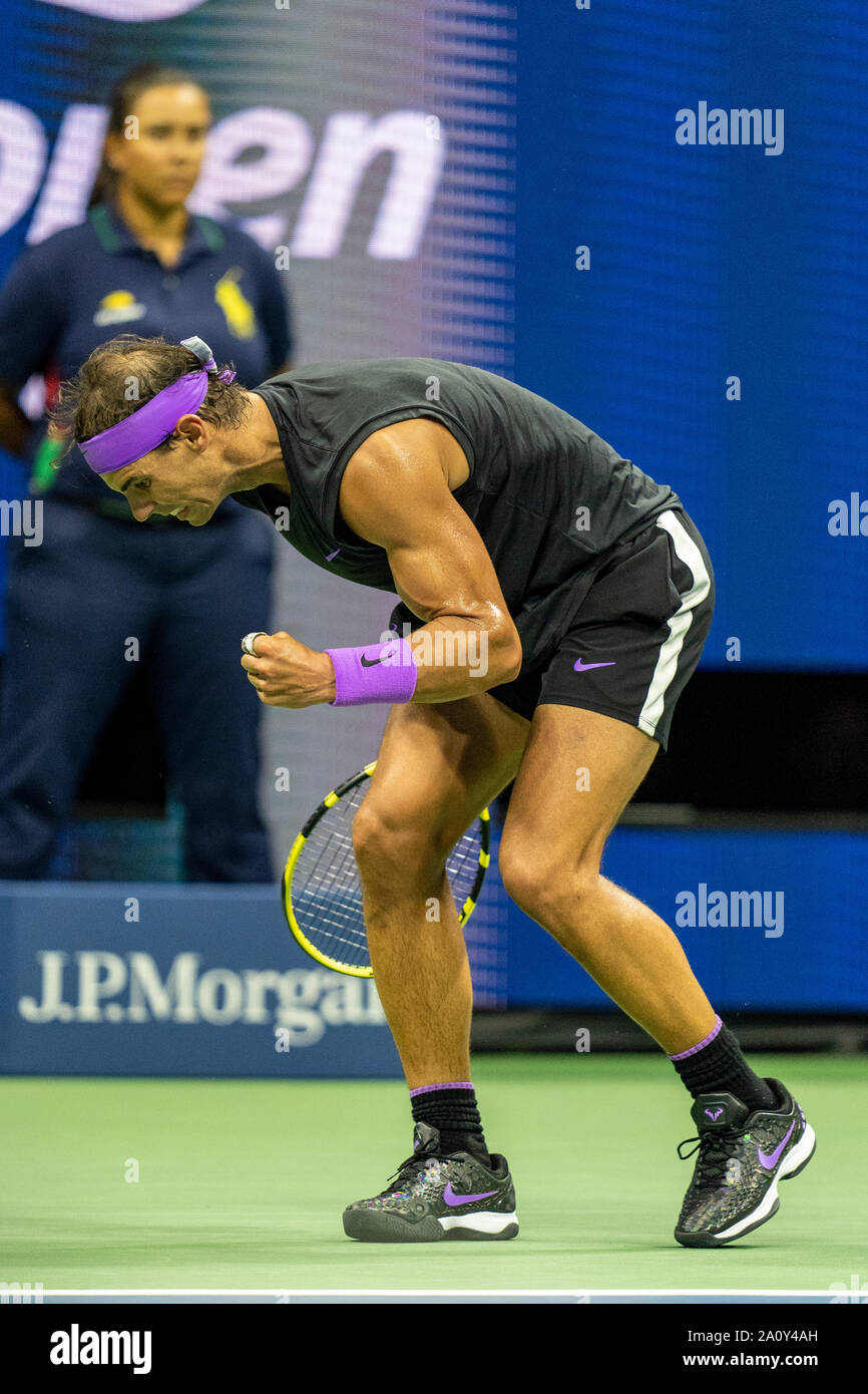 Rafael Nadal of Spain's emotional reaction while competing in the finals of the Men's Singles at the 2019 US Open Tennis Stock Photo