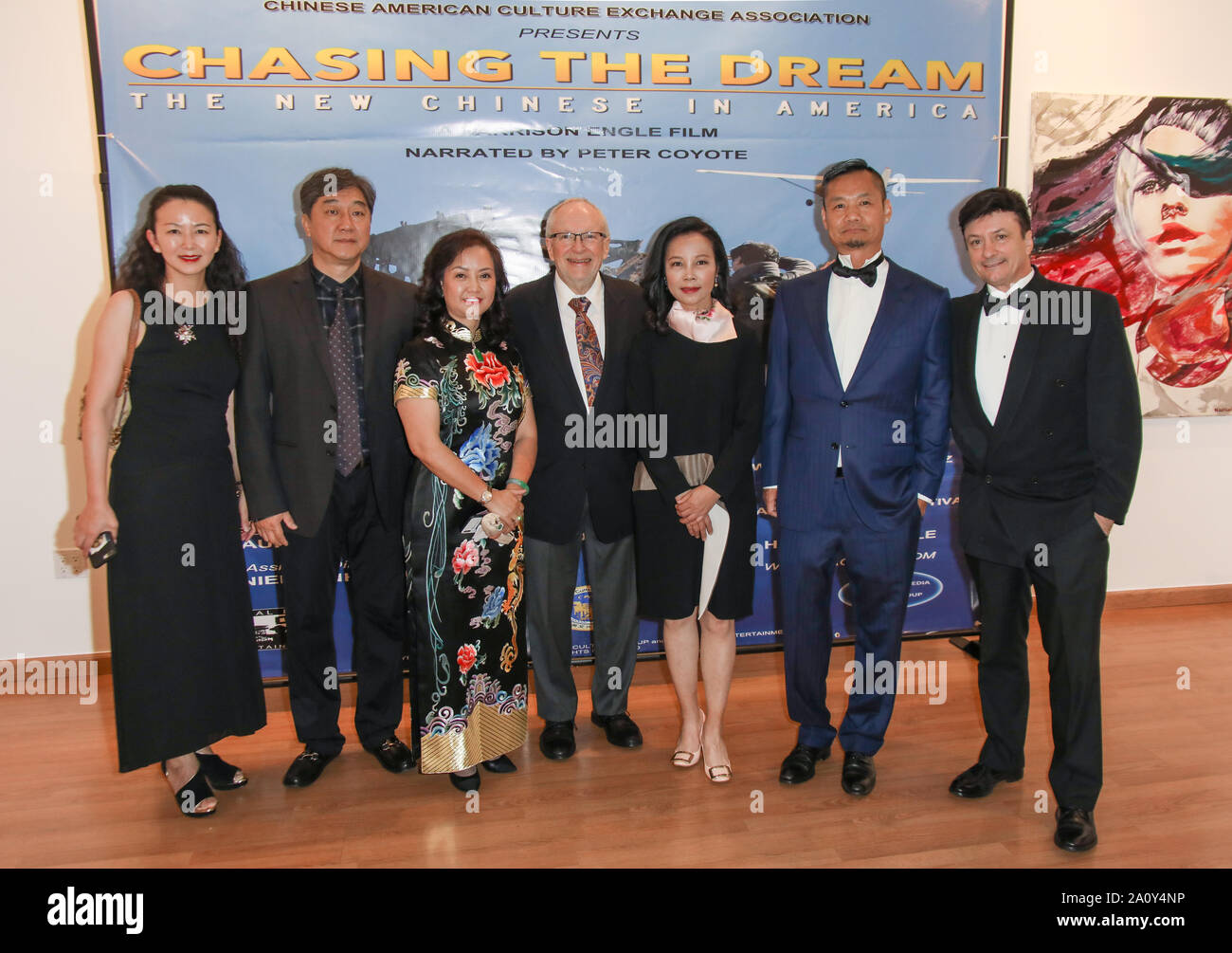 Beverly Hills, California, USA. 20th September, 2019. Lisa Li, Ning Zhou, Yangyu Zhou, Harrison Engle, Susan Shu Wang, Youngmei Zhou, Jeff Wang, and Johnny Rock attend the 'Chasing the Dream' Film Press Conference at the Wilshire Screening Room in Beverly Hills, California on September 20, 2019. The documentary profiles seven individuals from China who have built successful and creative lives for themselves in America. Their inspiring stories offer a fresh perspective on how immigrants have contributed to the growth and prosperity of the United States. Stock Photo