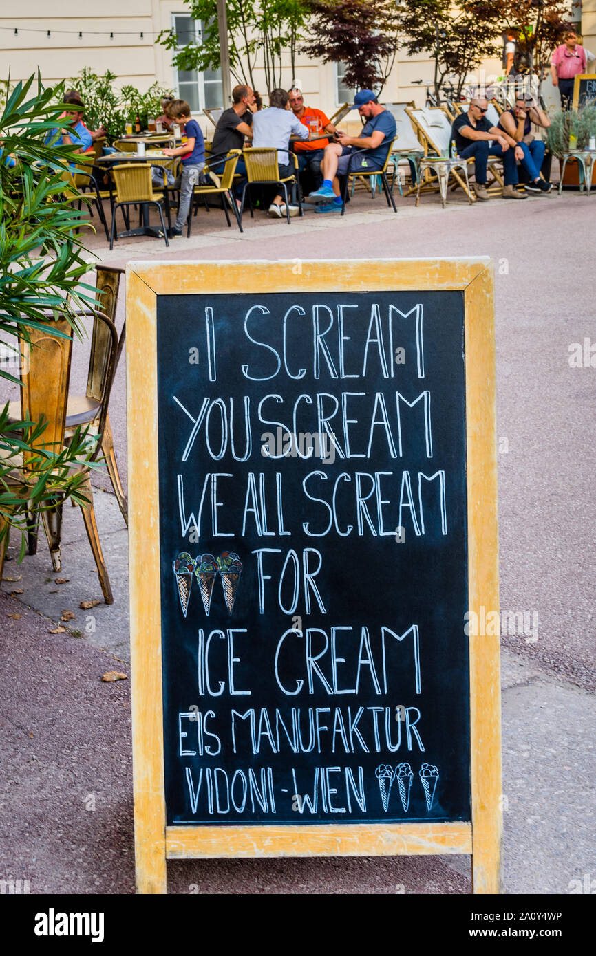 Ice cream sign with humour - Vienna, Austria. Stock Photo