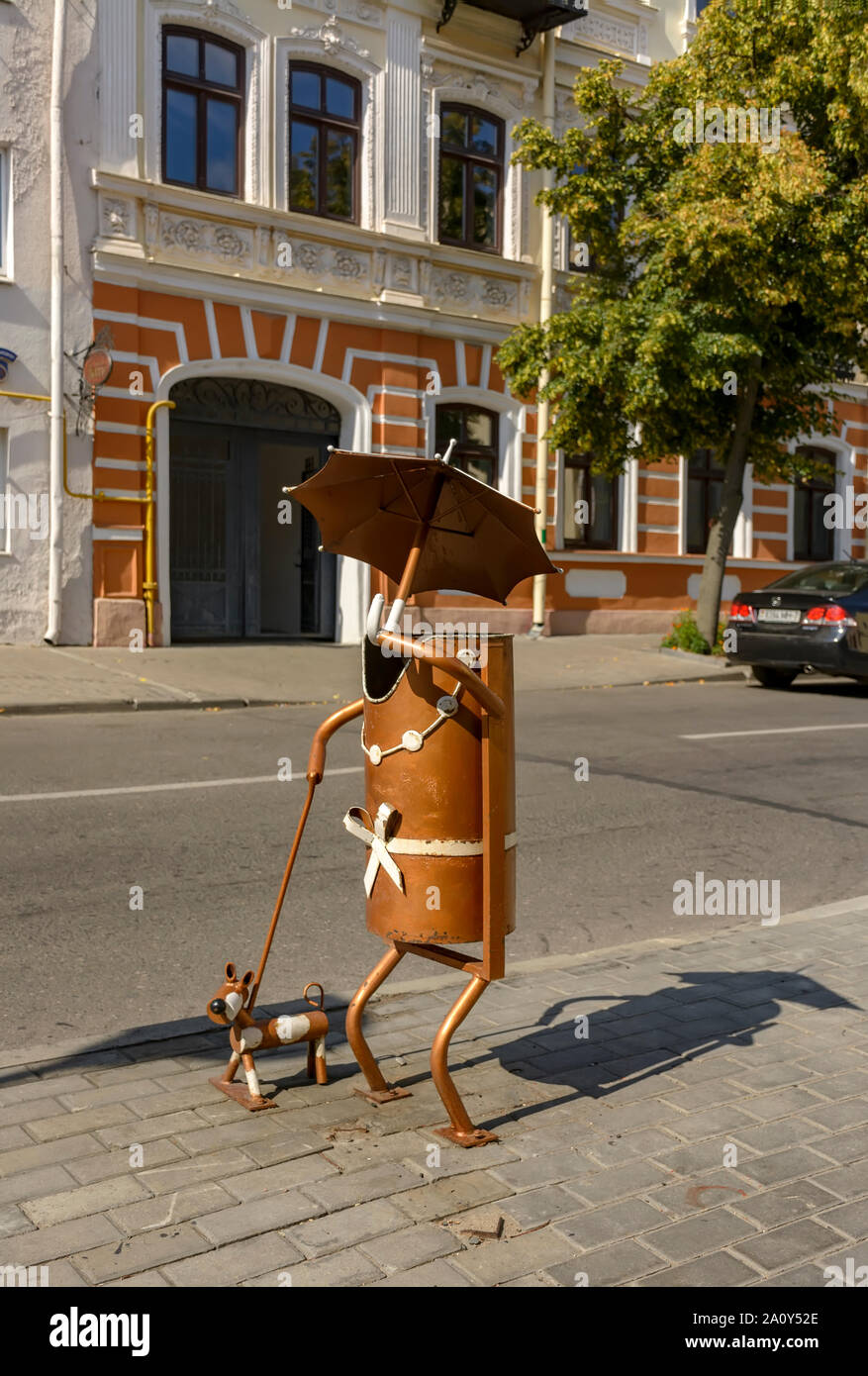 Castle street. Grodno, Belarus. 04 August 2019 . Trash can on Castle street, one of the oldest city streets in the center of Grodno. It is one of the Stock Photo