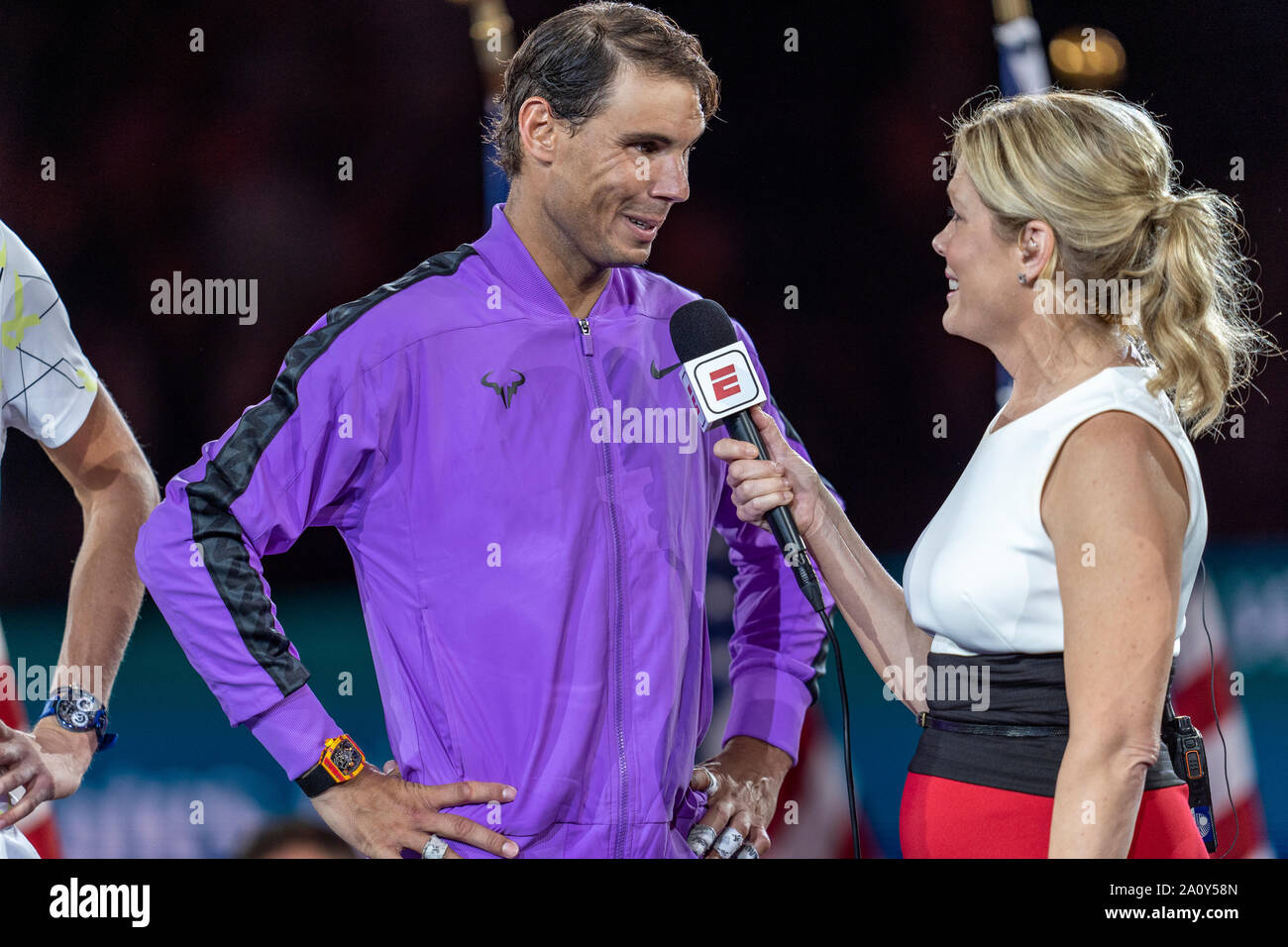 Chris McKendry ESPN tennis host interviews Rafael Nadal of Spain winner