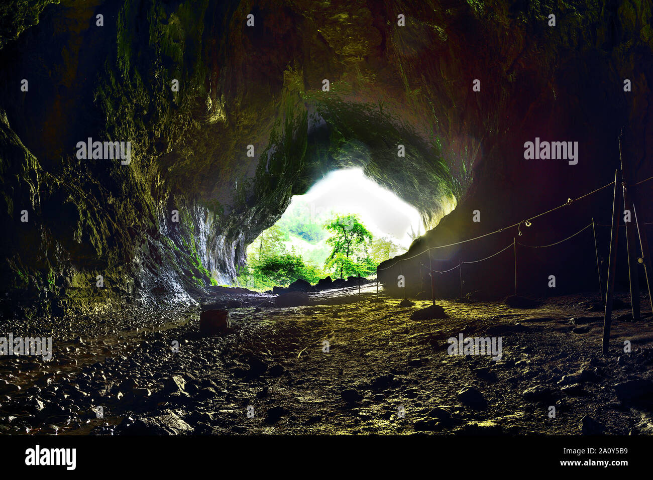 Unguru Mare cave in Romania, view from inside the cavern Stock Photo