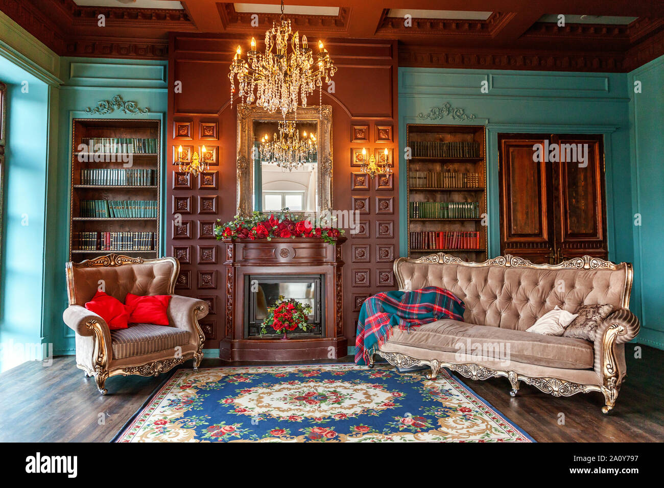 Luxury classic interior of home library. Sitting room with bookshelf