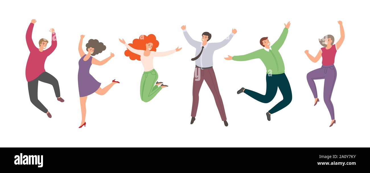 Group of happy jumping people in flat style isolated on white background. Hand-drawn funny cartoon women and men. Stock Vector