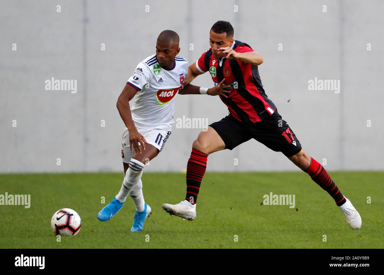 BUDAPEST, HUNGARY - SEPTEMBER 14: (l-r) Loic Nego of MOL Fehervar FC fights for the ball with Anis Ben-Hatira of Budapest Honved during the Hungarian OTP Bank Liga match between Budapest Honved and MOL Fehervar FC at Nandor Hidegkuti Stadium on September 14, 2019 in Budapest, Hungary. Stock Photo