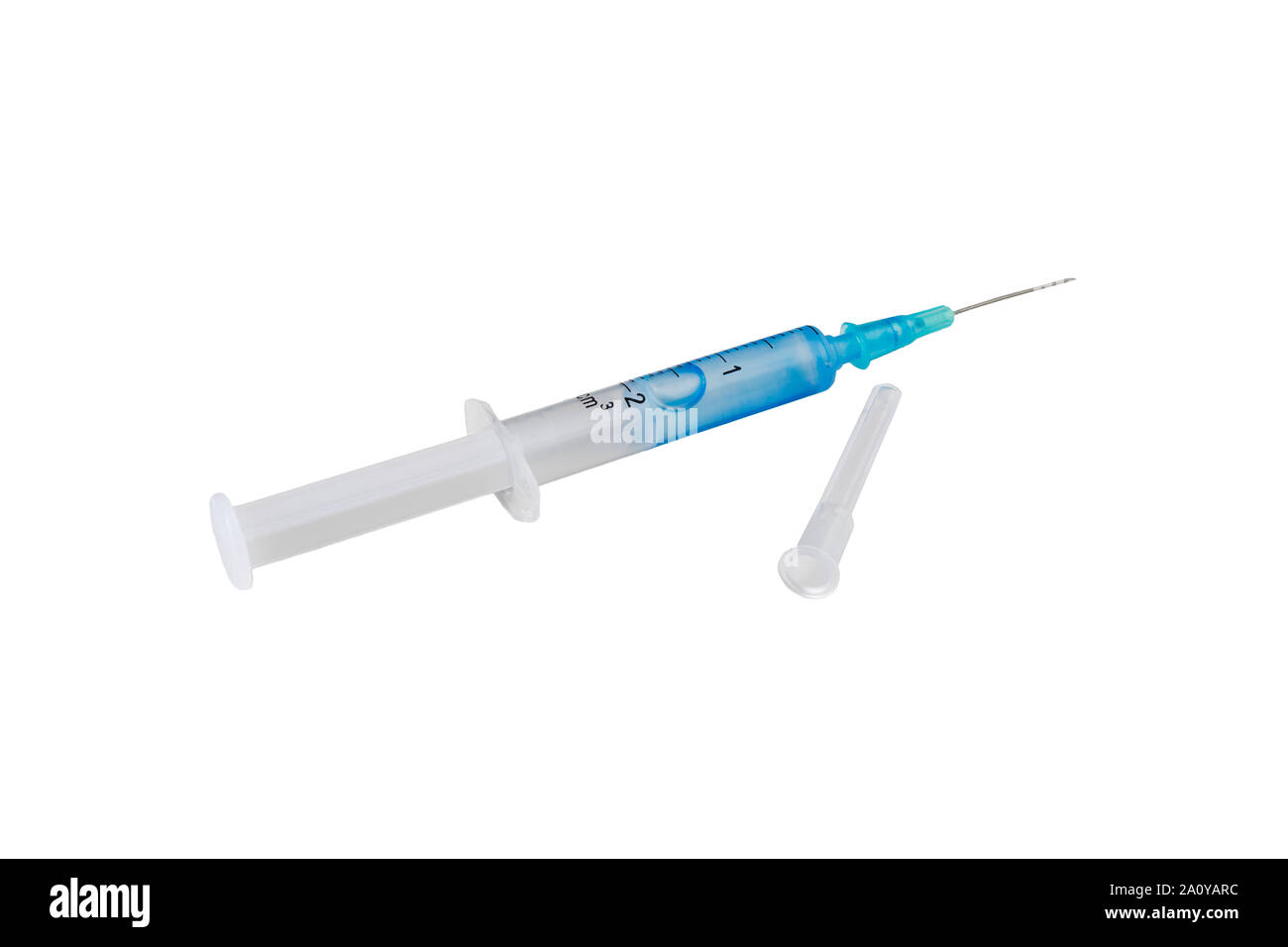Syringe with blue liquid and a needle isolated on white background without shadow. Stock Photo