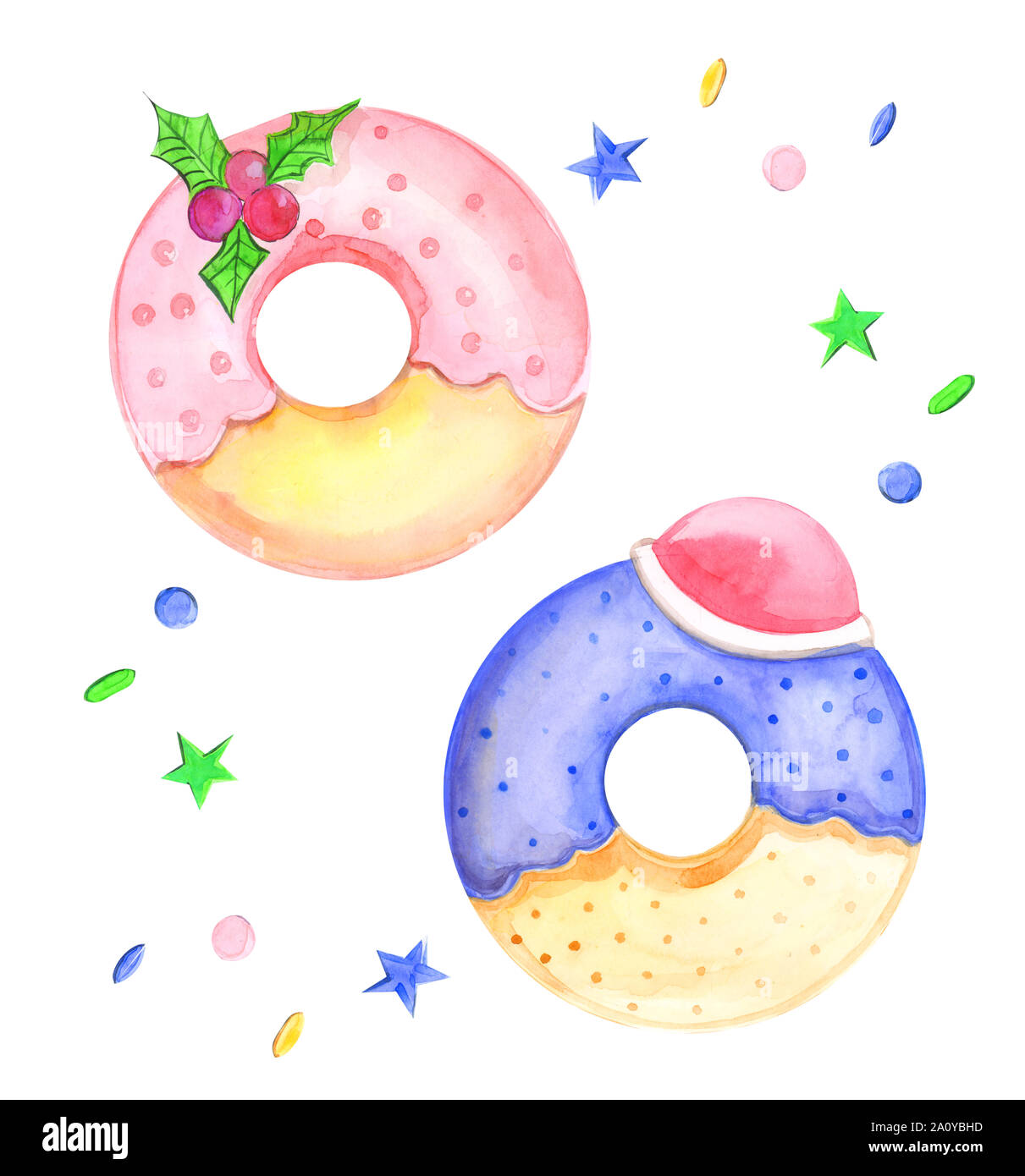 Illustration painted watercolor pastry round donuts with fillings on a ...