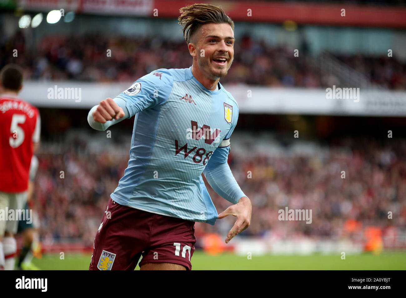 London, UK. 22nd Sep, 2019. Jack Grealish of Aston Villa celebrates after scoring his team's second goal during the Premier League match between Arsenal and Aston Villa at the Emirates Stadium, London, England on 22 September 2019. Photo by Tom Smeeth. Editorial use only, license required for commercial use. No use in betting, games or a single club/league/player publications. Credit: UK Sports Pics Ltd/Alamy Live News Stock Photo