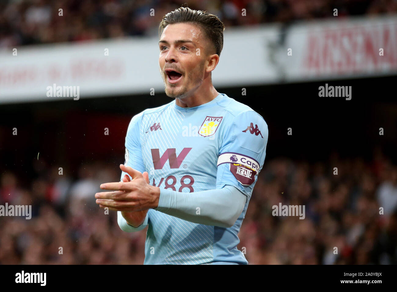 London, UK. 22nd Sep, 2019. Jack Grealish of Aston Villa celebrates after scoring his team's second goal during the Premier League match between Arsenal and Aston Villa at the Emirates Stadium, London, England on 22 September 2019. Photo by Tom Smeeth. Editorial use only, license required for commercial use. No use in betting, games or a single club/league/player publications. Credit: UK Sports Pics Ltd/Alamy Live News Stock Photo