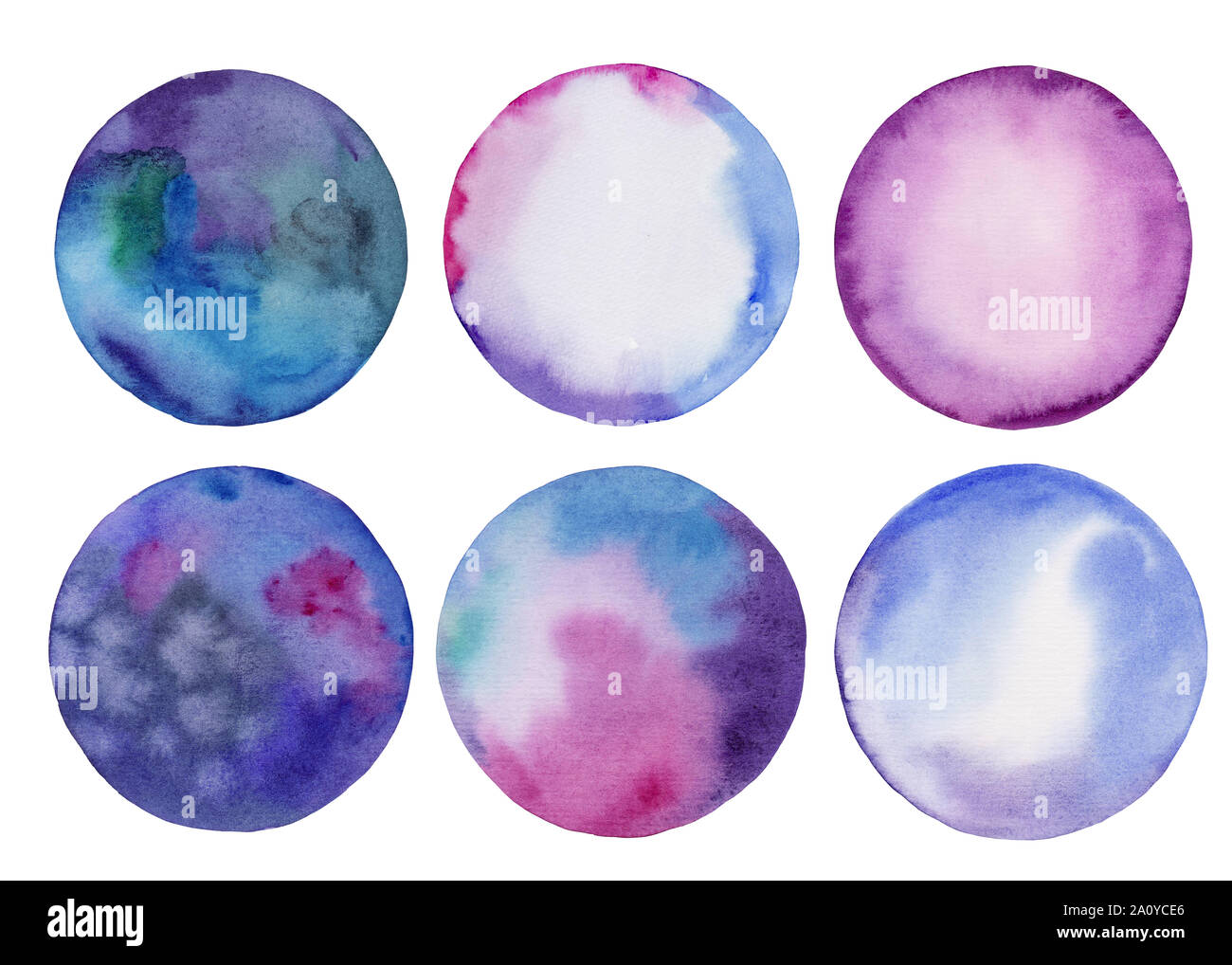 Watercolor set of circles. Hand painted abstract texture backgrounds. Hand drawn illustration. Round elements. Stock Photo