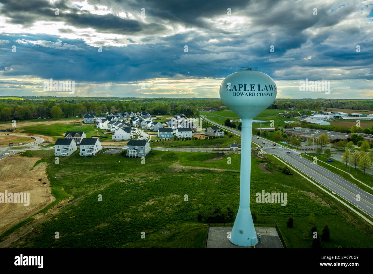 Aerial view of typical American new construction neighborhood street in