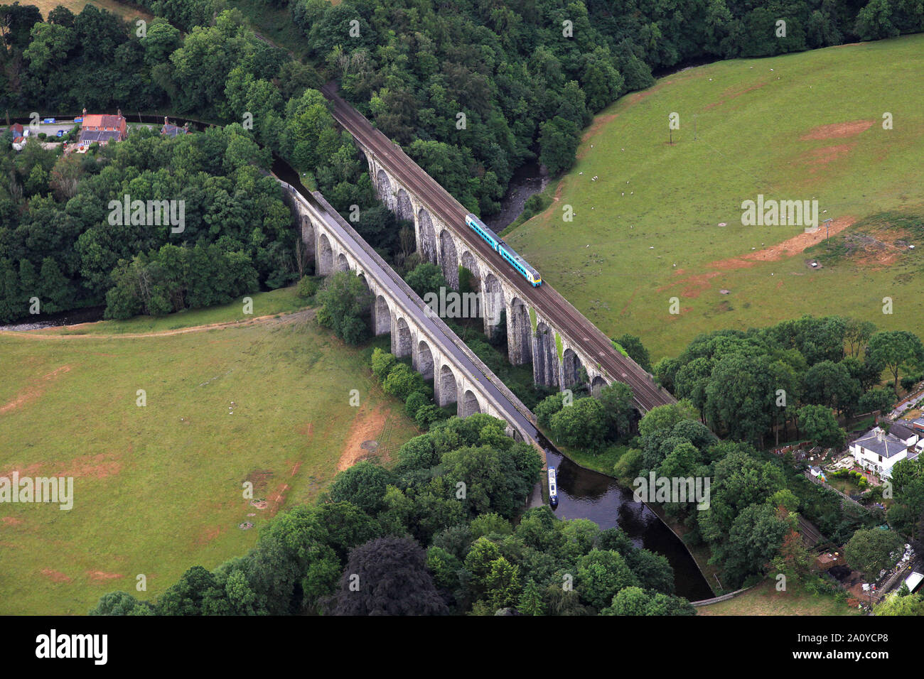 Chirk Viaduct with Chirk Aqueduct from the air. Stock Photo
