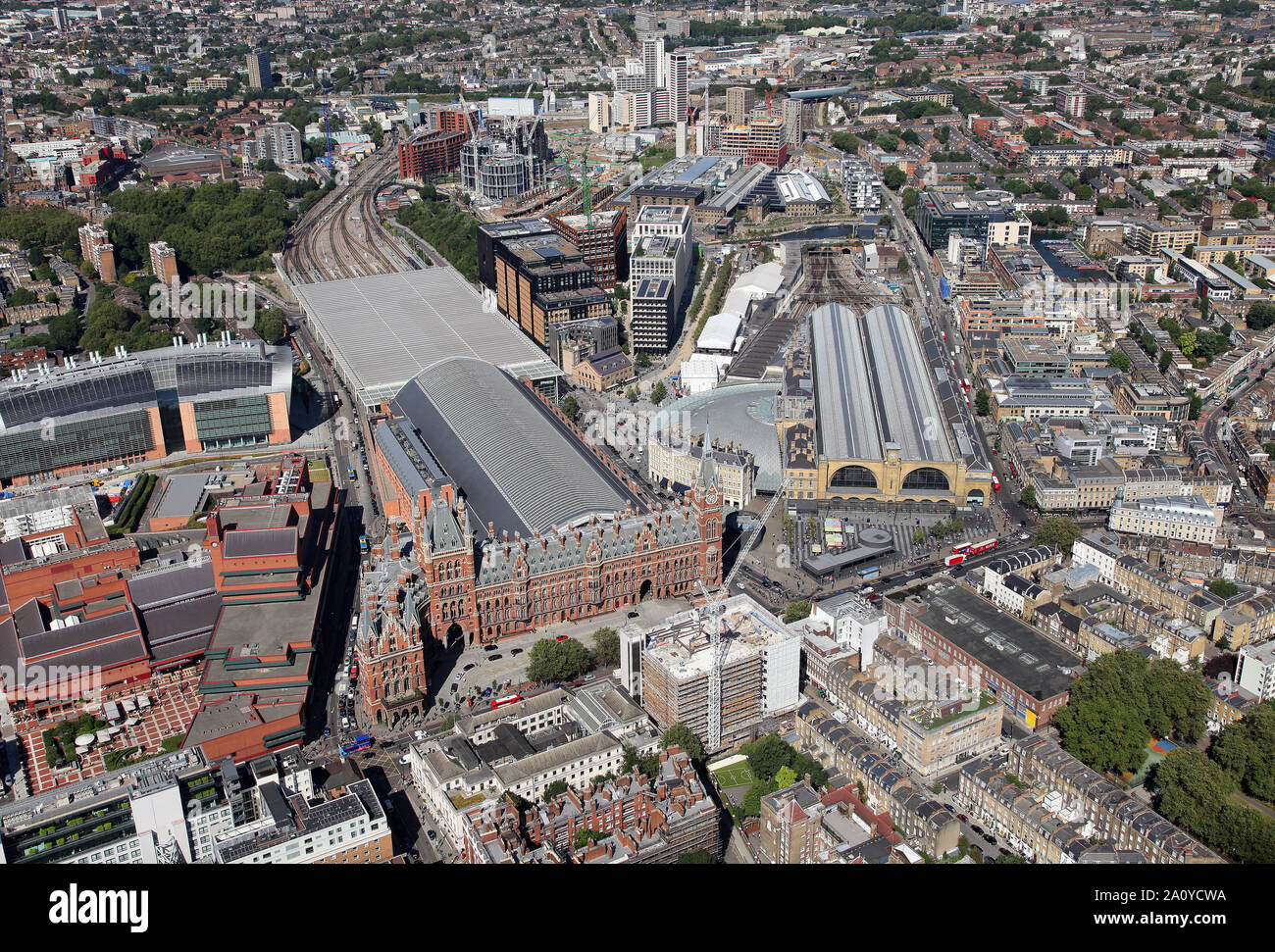 London St Pancras station and London Kings Cross station from the air. Stock Photo