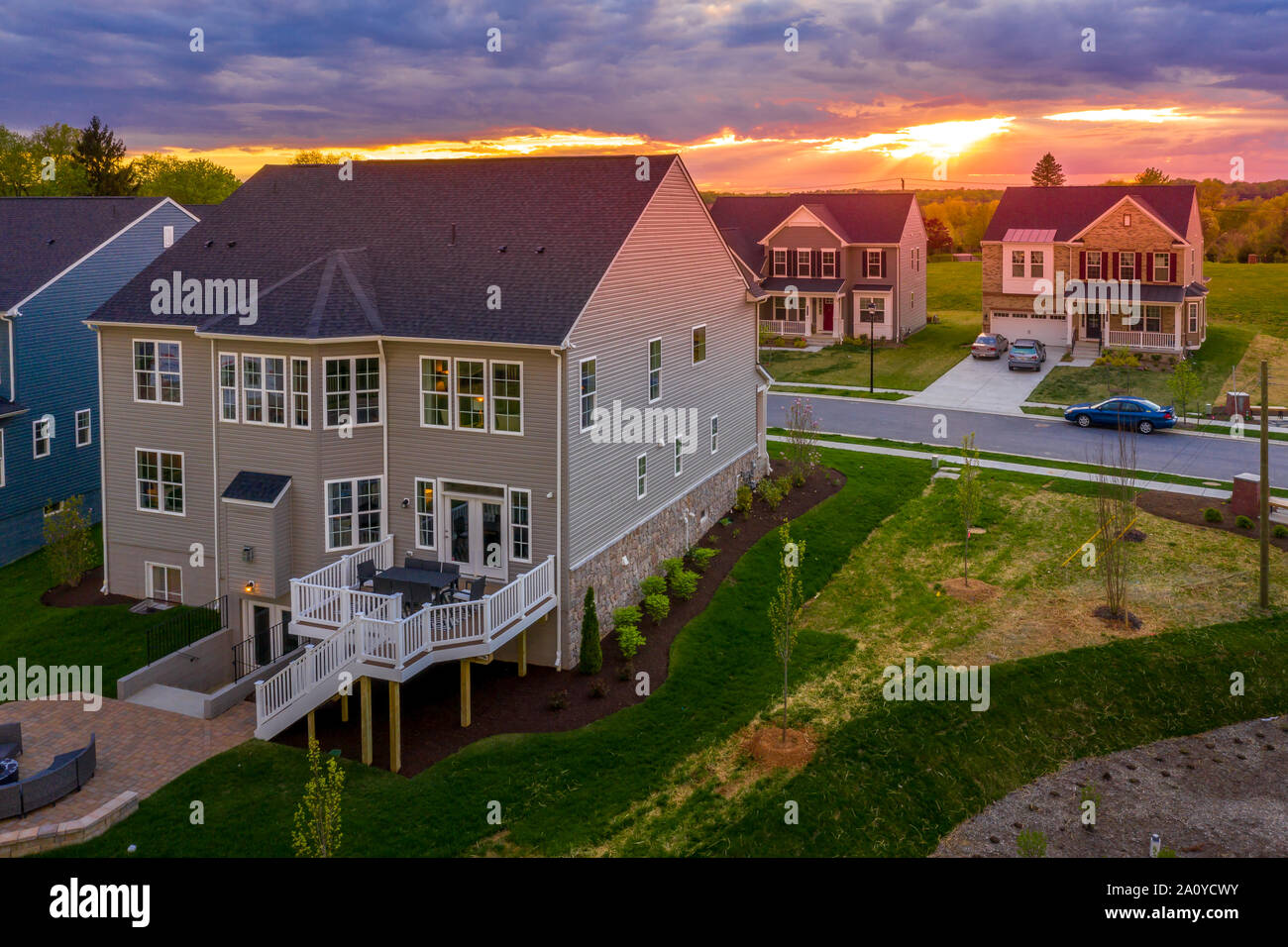 Aerial view of luxury houses in a Maryland upper middle class
