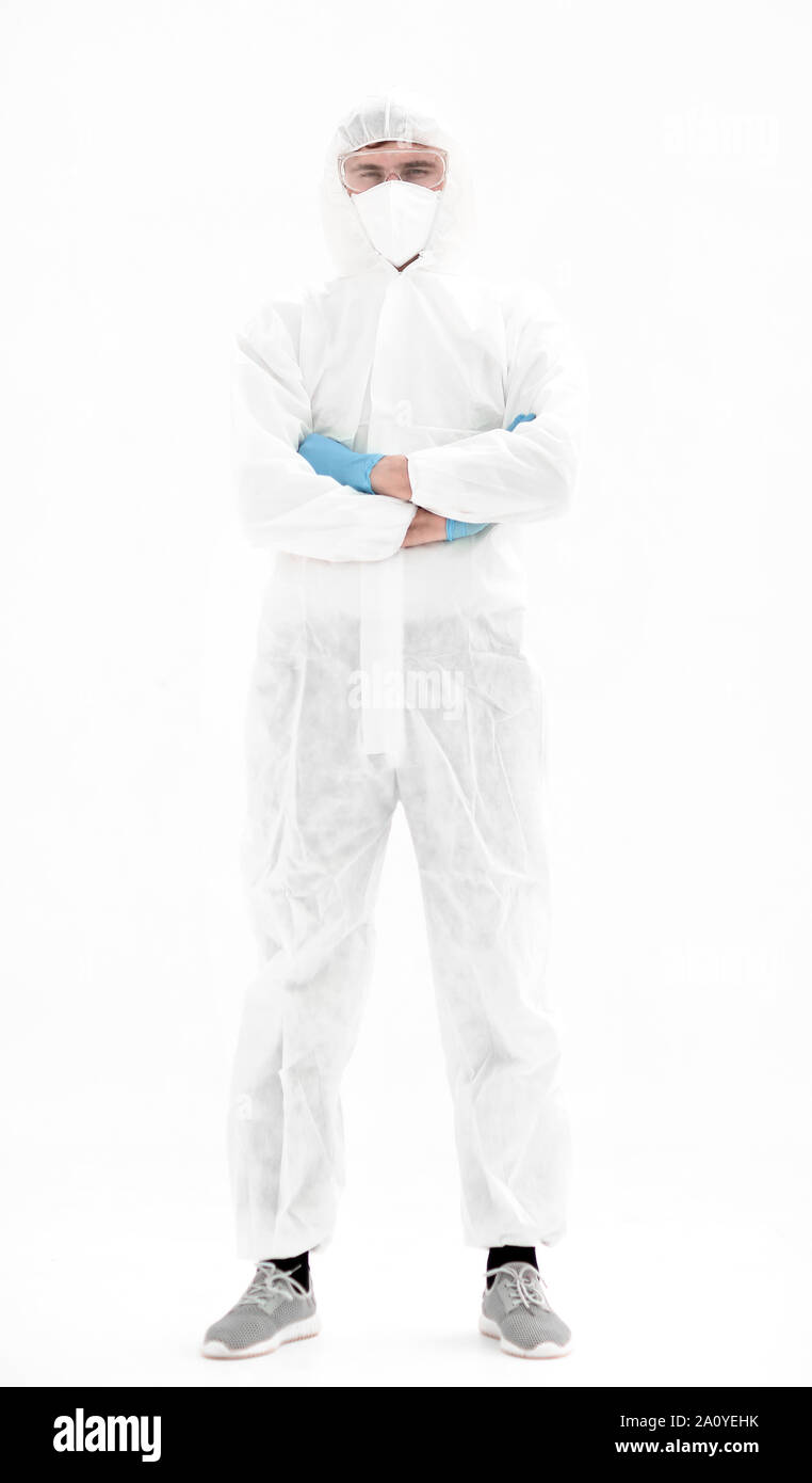 background image of a modern scientist in a protective suit Stock Photo