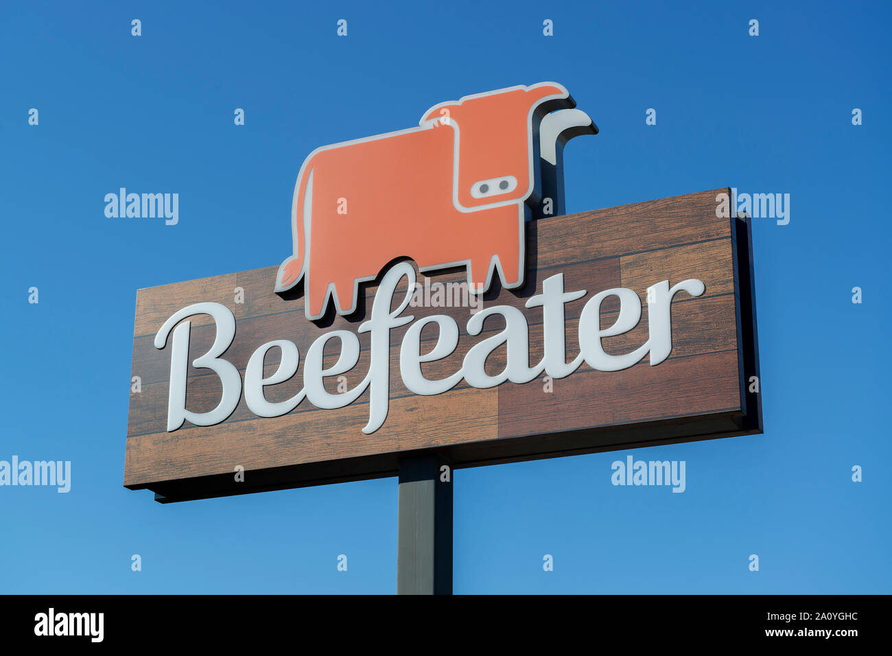 Signage indicating a branch of the restaurant chain Beefeater. Stock Photo