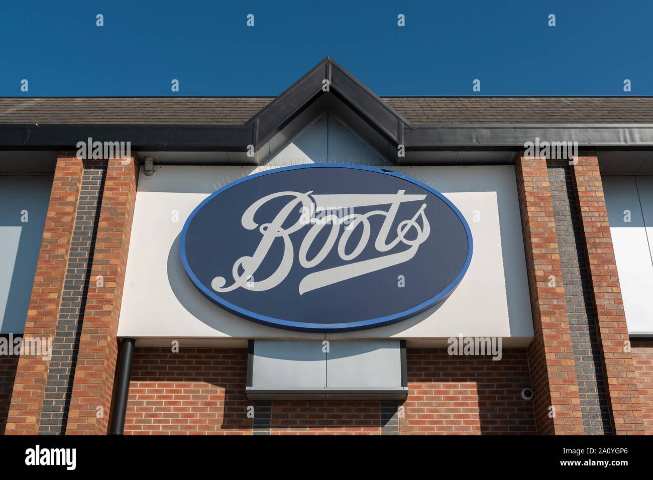 Signage indicating a branch of the health and beauty retailer and pharmacy chain Boots. Stock Photo
