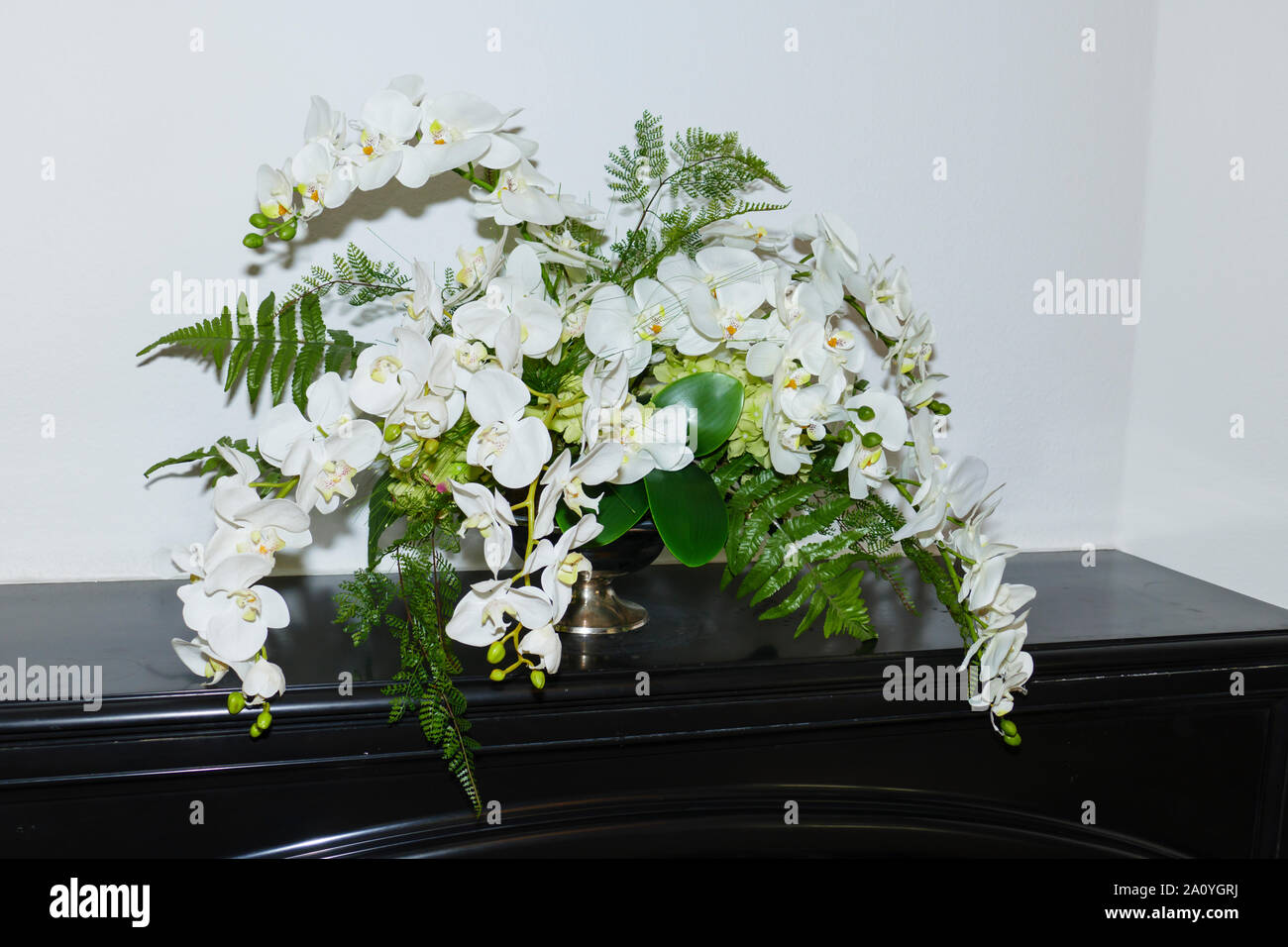 Brautstrauß aus weißen Orchideen und grünem Farn Stock Photo