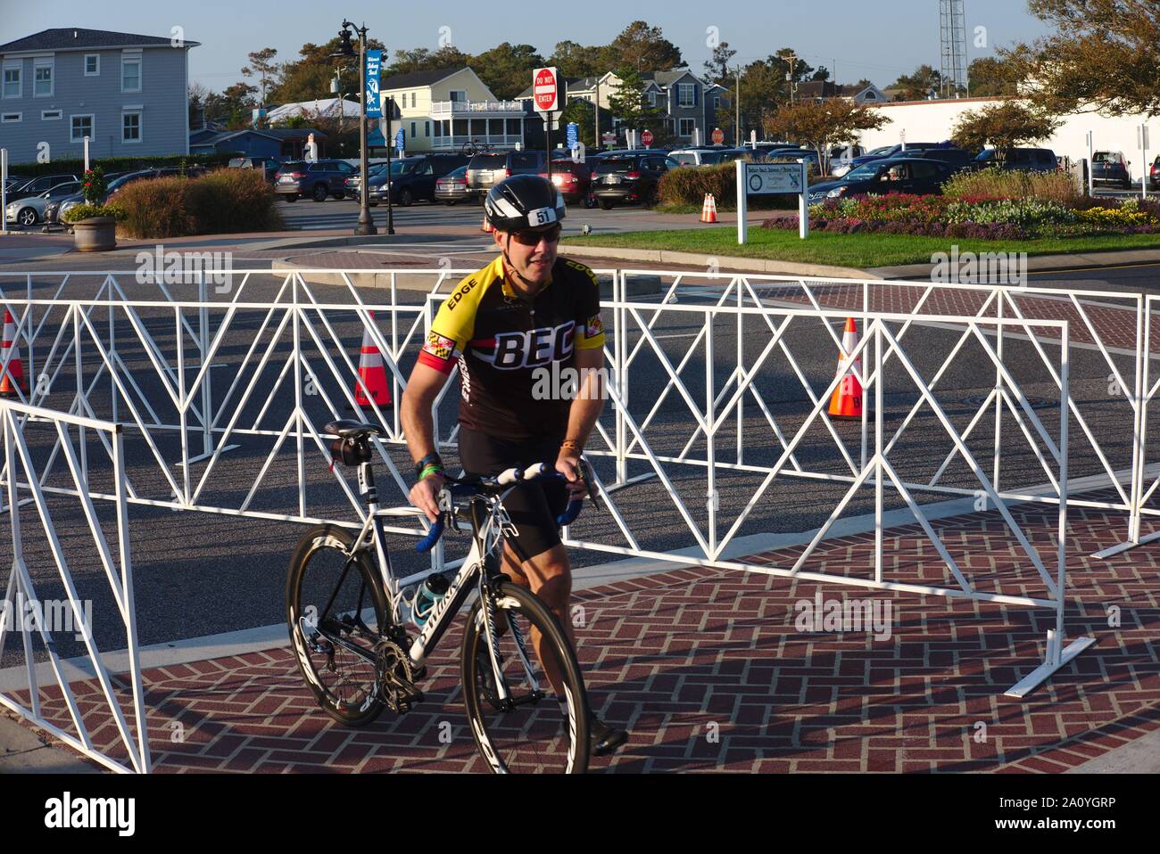Cyclist exits the transition zone of the Bethany Beach First Responders